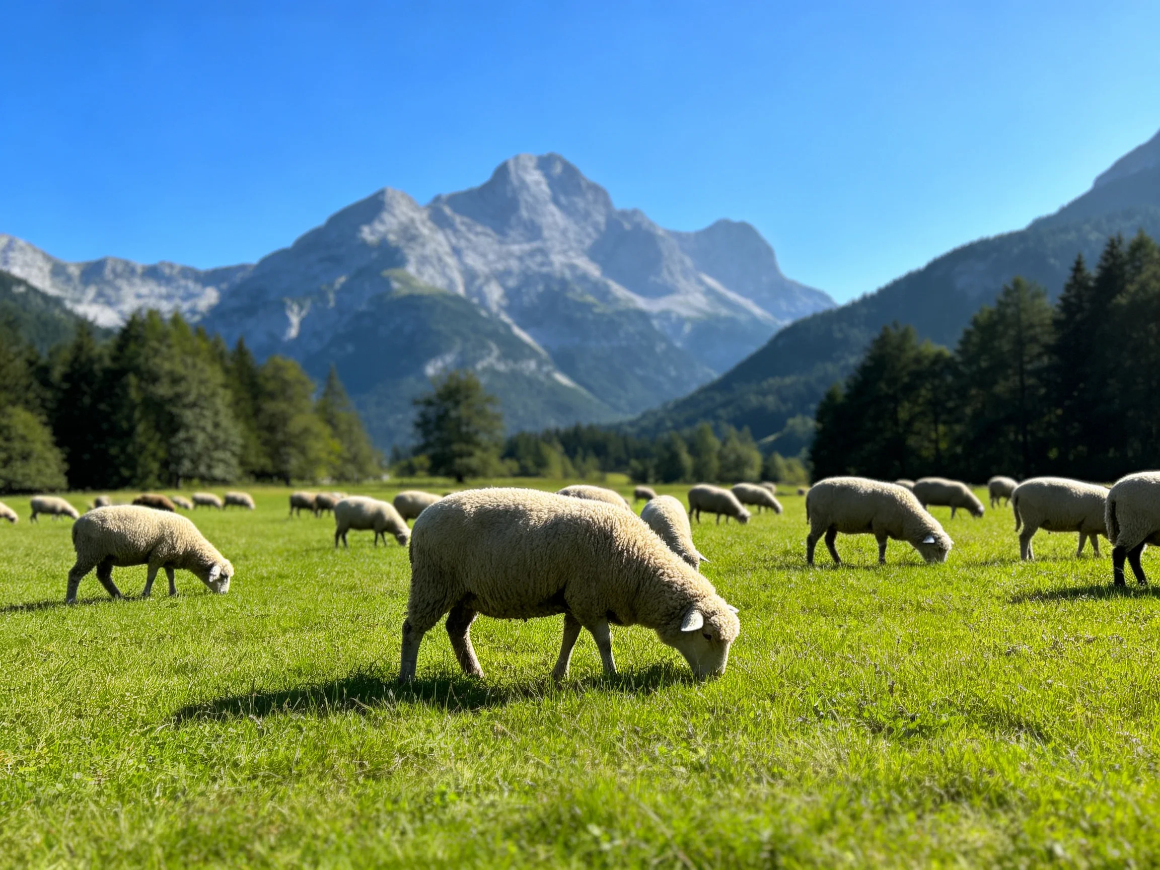 Sheep graze in a lush green meadow near towering mountains