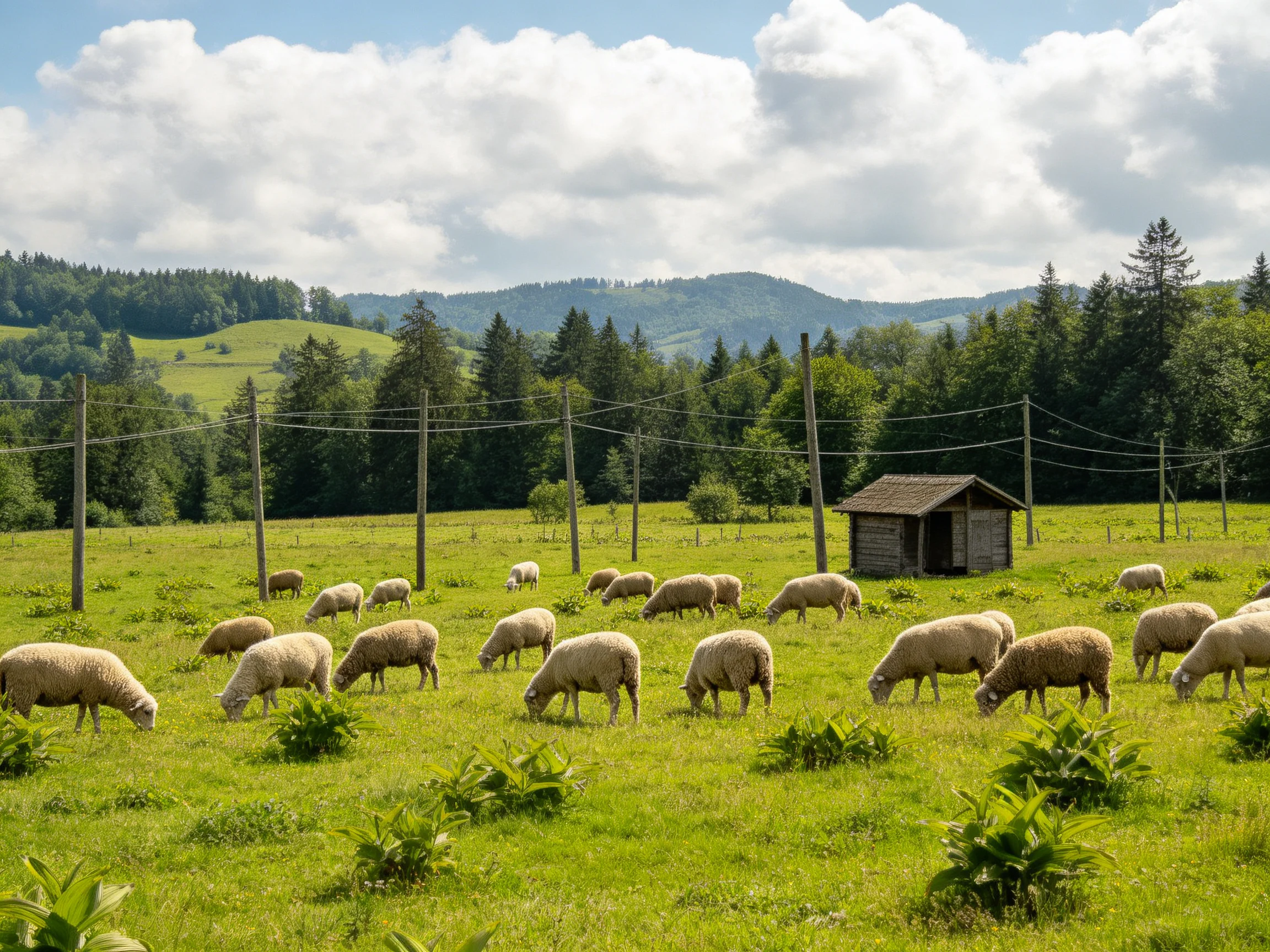 Sheep graze in a lush green meadow with a wooden shed