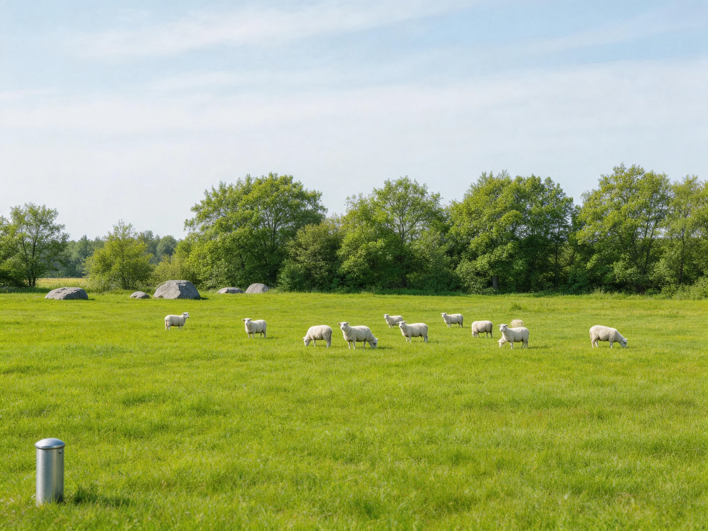 Sheep graze in a lush green meadow with rocky formations and leafy trees