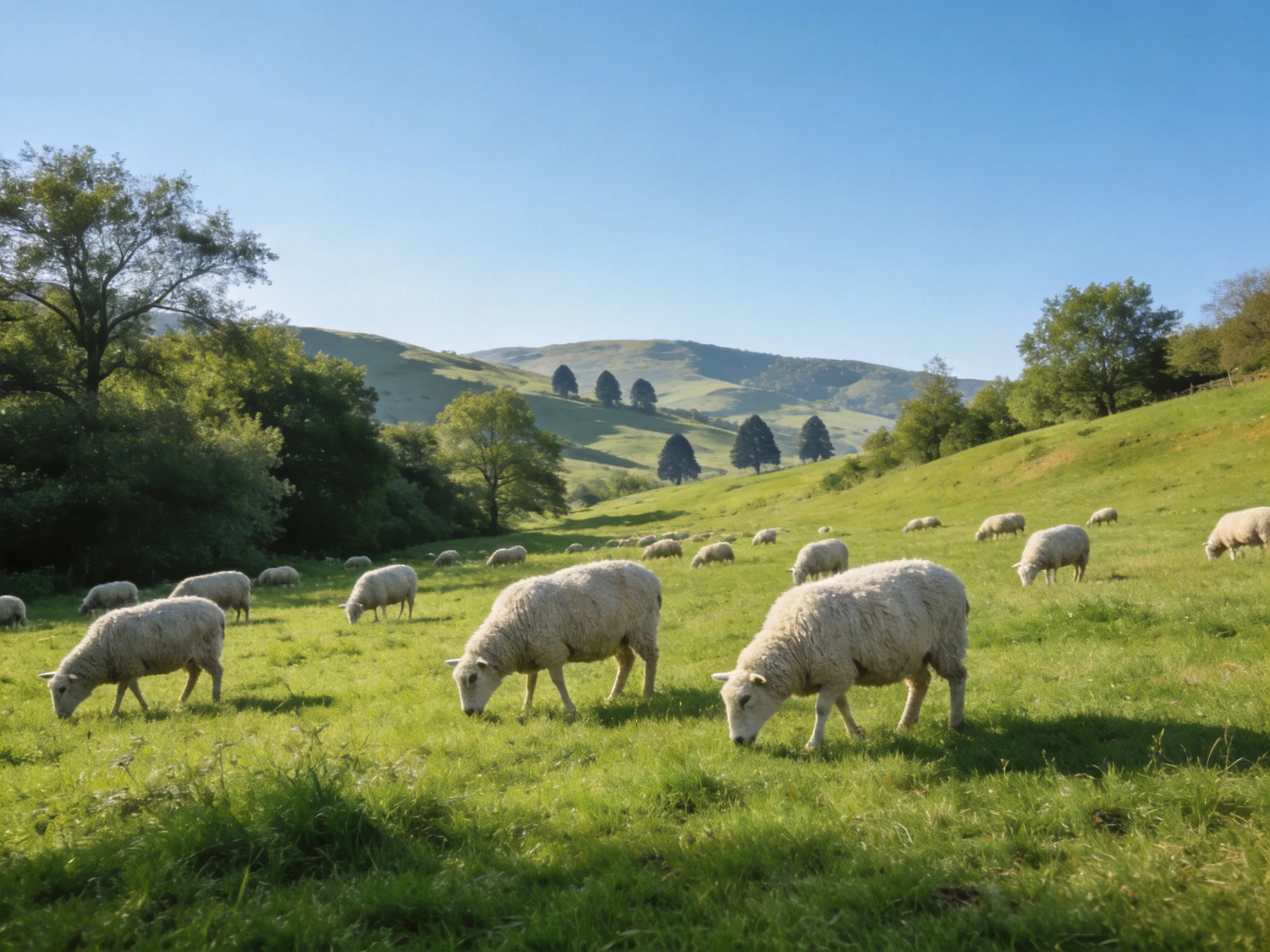 A flock of sheep grazes in a sunny, verdant meadow near rolling hills.