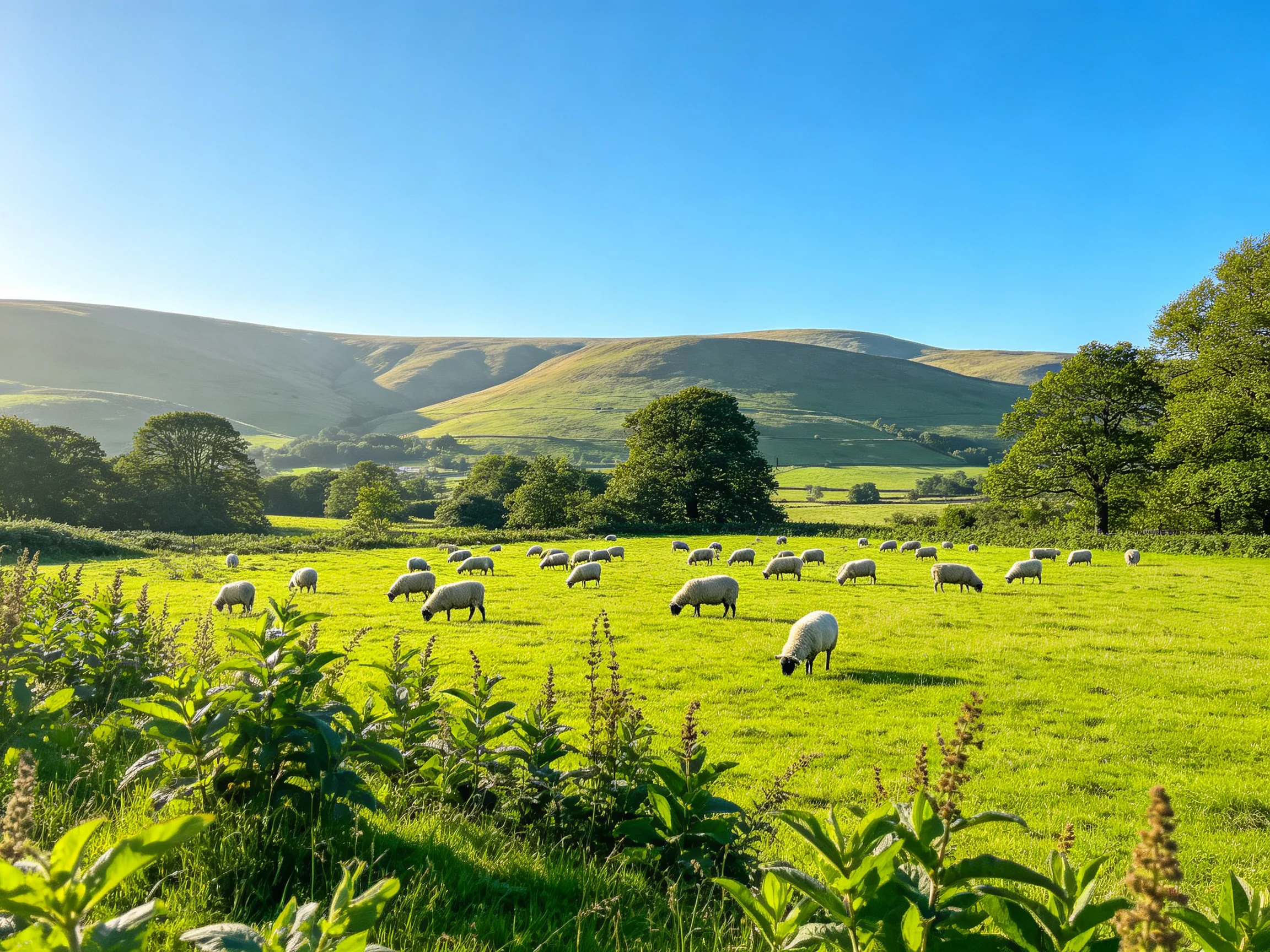 Sheep graze in a lush green meadow with rolling hills