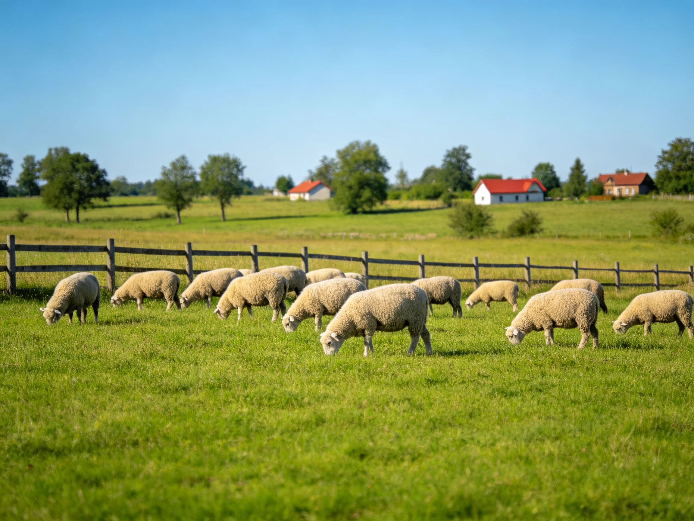 Sheep graze in a lush green pasture near rural homes