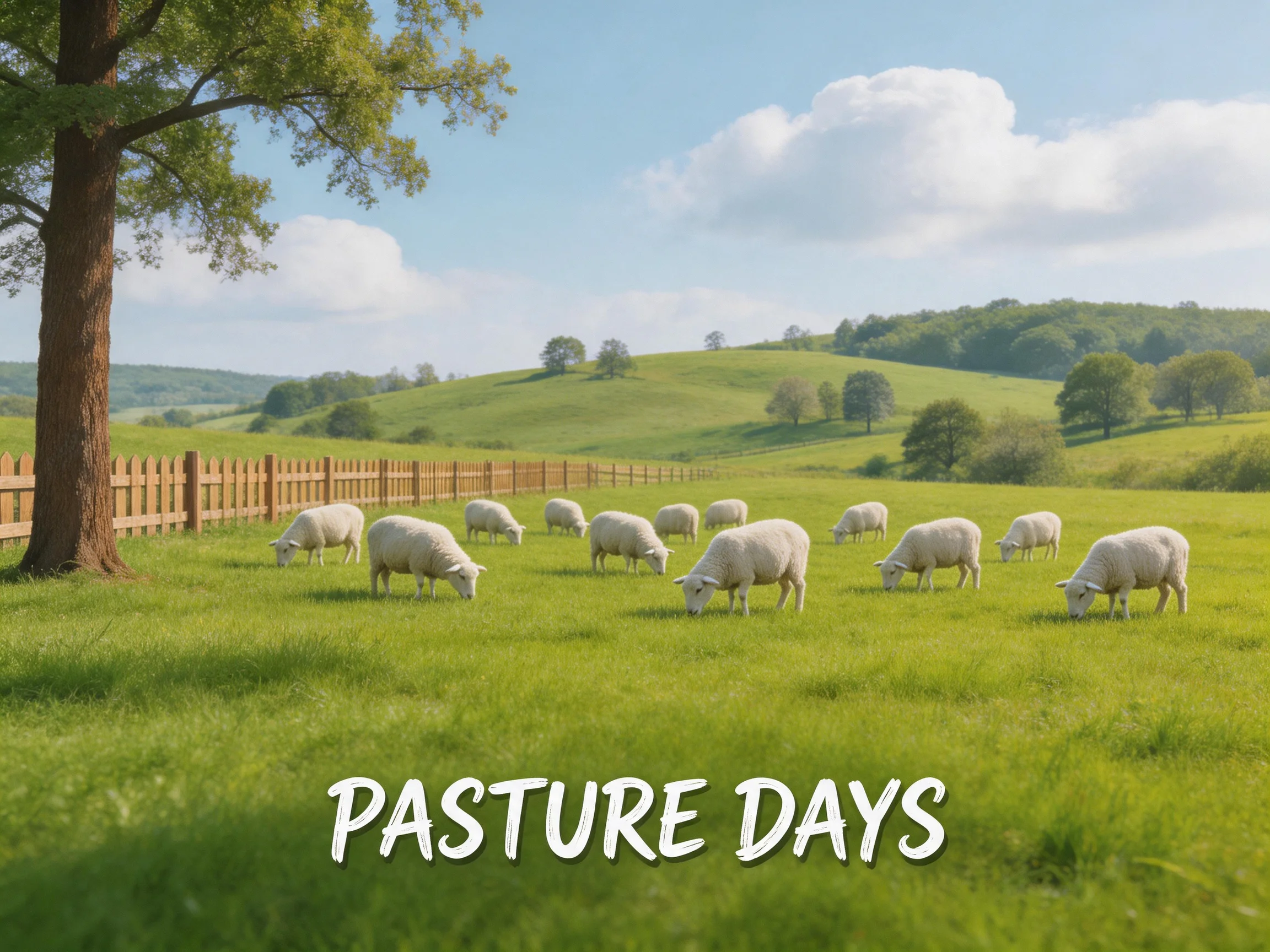 Sheep graze in a lush green pasture with wooden fence and large tree