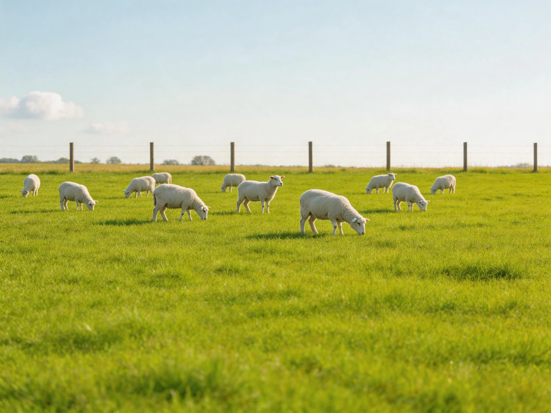 Sheep graze in a lush green pasture with wooden fence posts