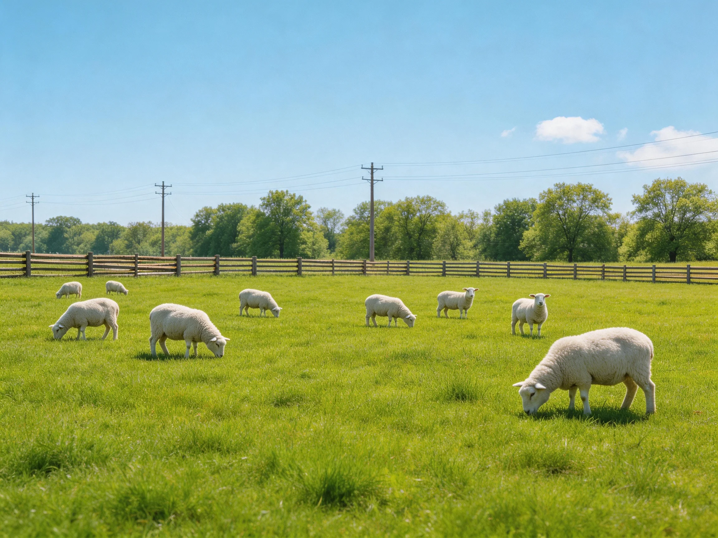 Sheep graze in a lush green pasture with wooden fencing