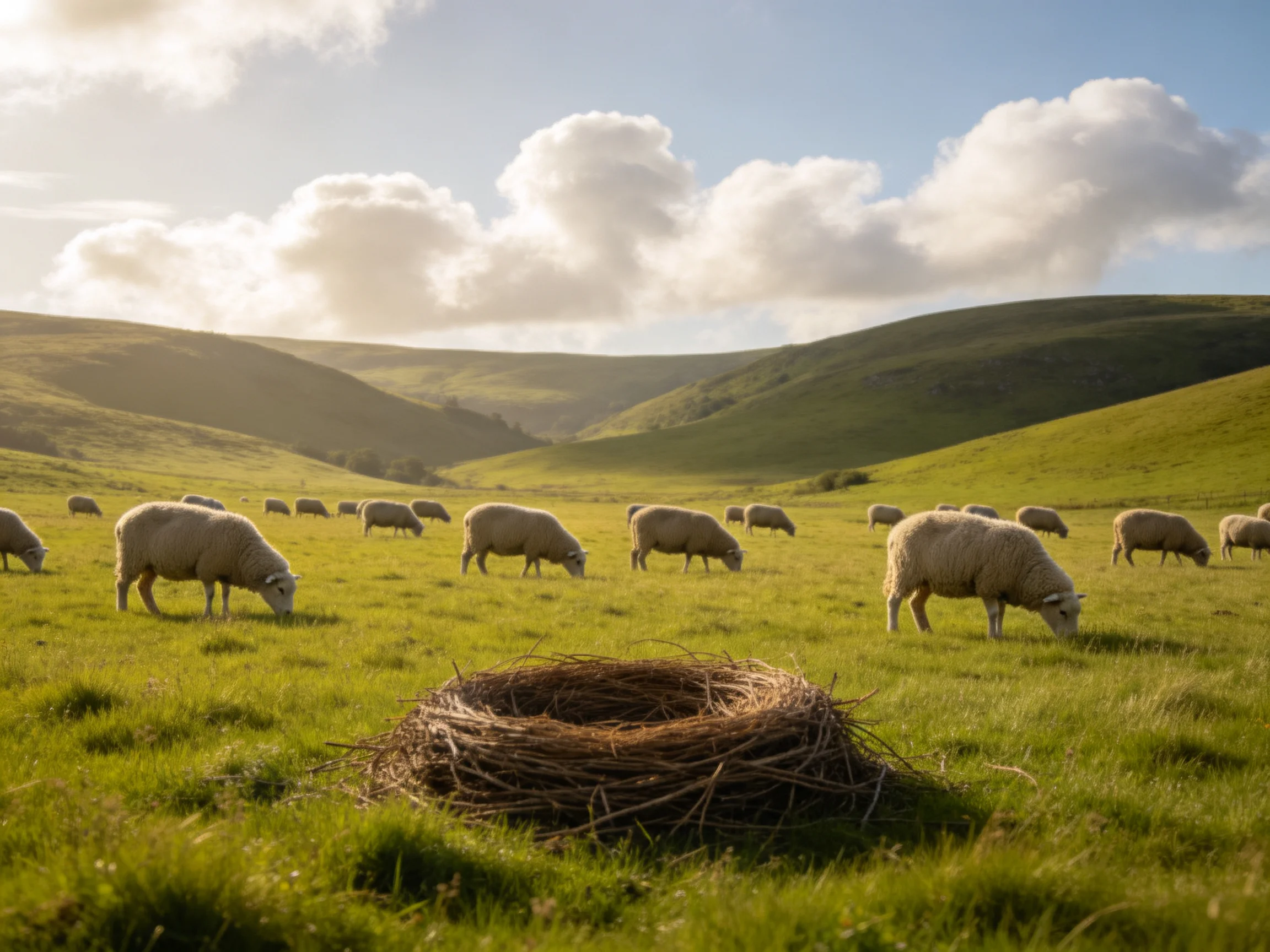 Sheep graze in a lush green valley with rolling hills and a large nest