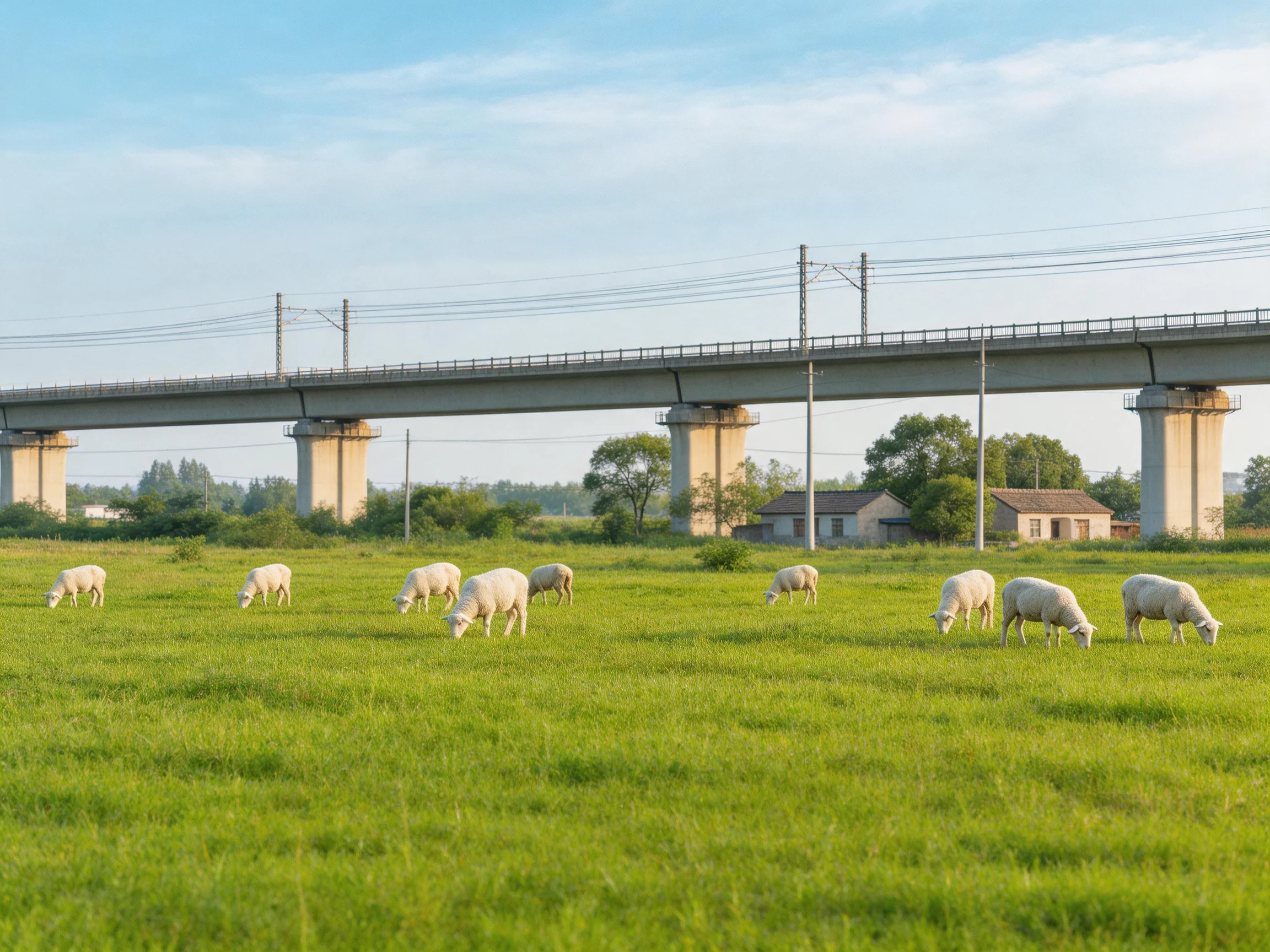 Sheep graze in a lush meadow near a concrete bridge