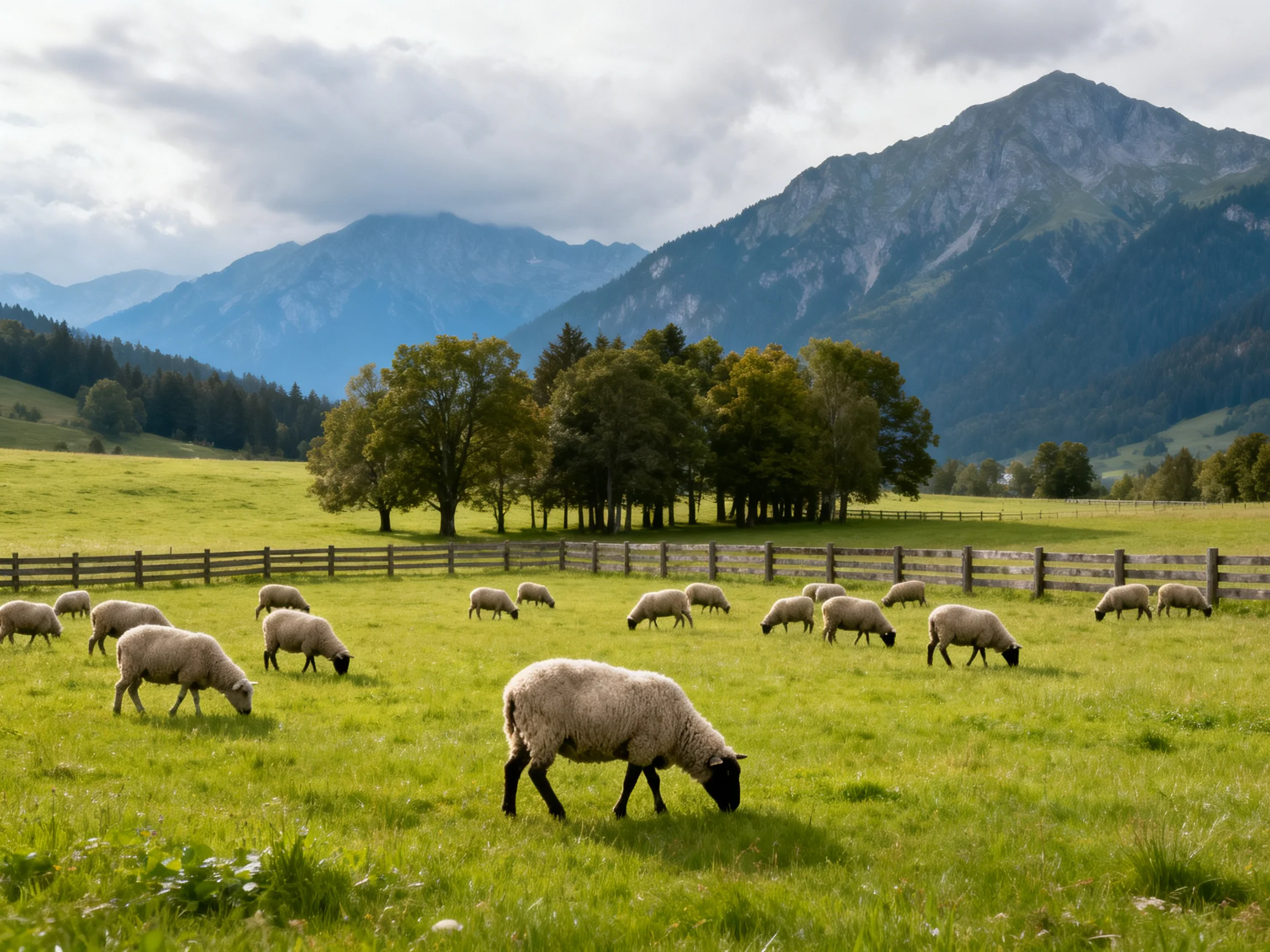 Sheep graze in a lush meadow near majestic mountains