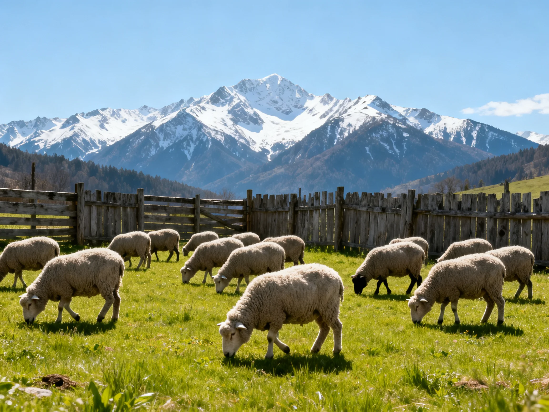 Sheep graze in a lush meadow near snow-capped mountains