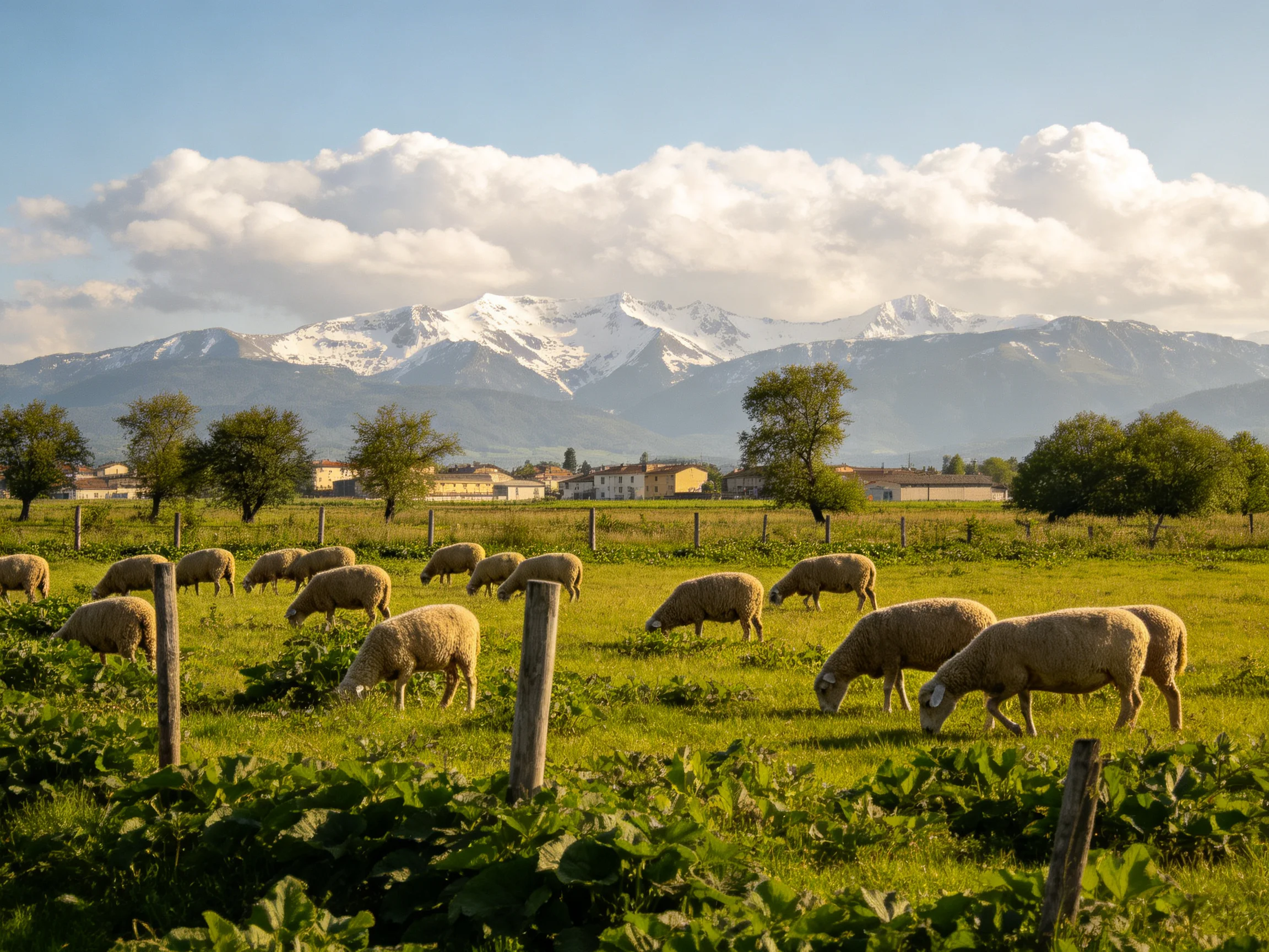 Sheep graze in a lush meadow near snow-capped mountains