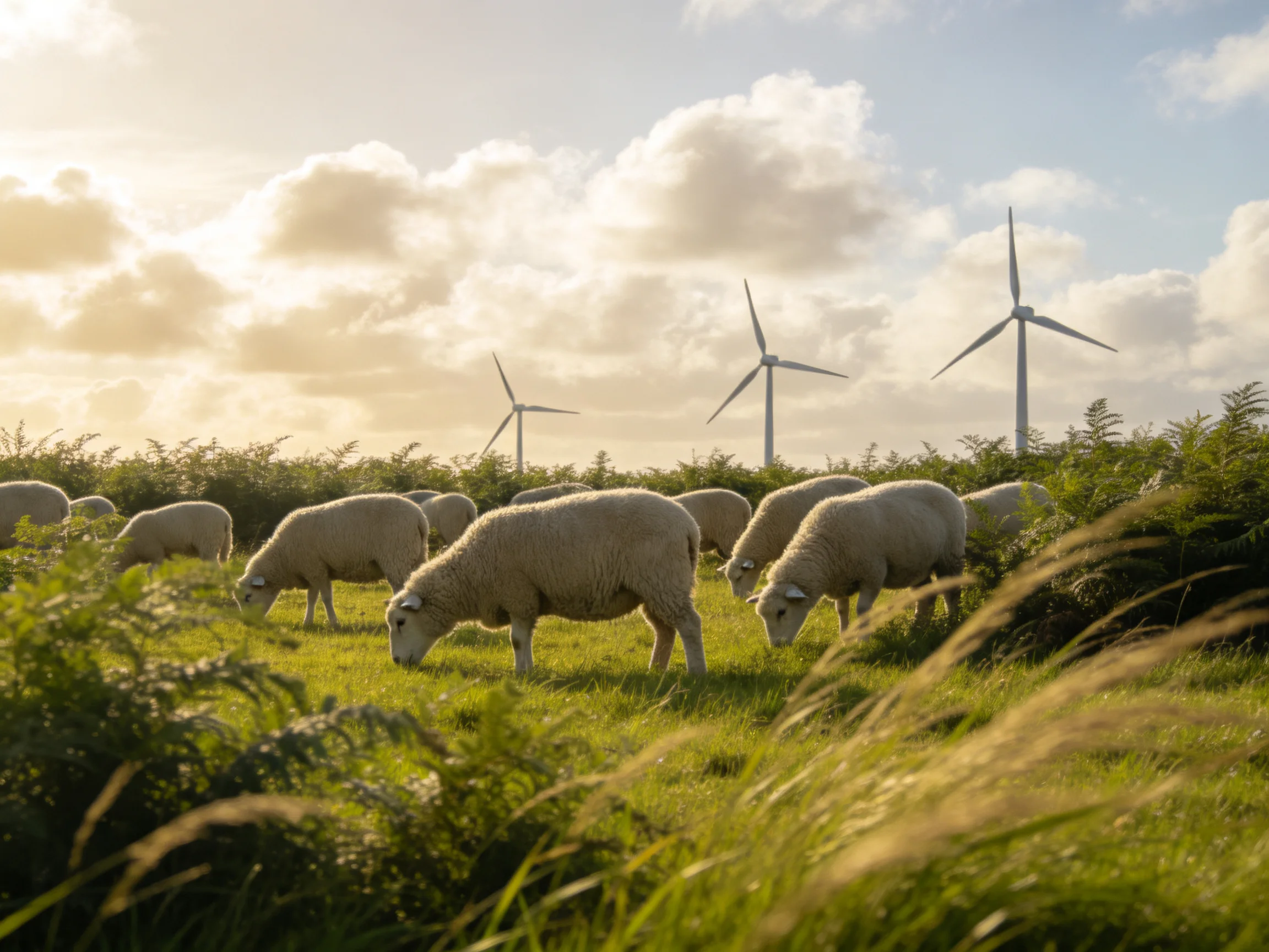 Sheep graze in a lush meadow near towering wind turbines