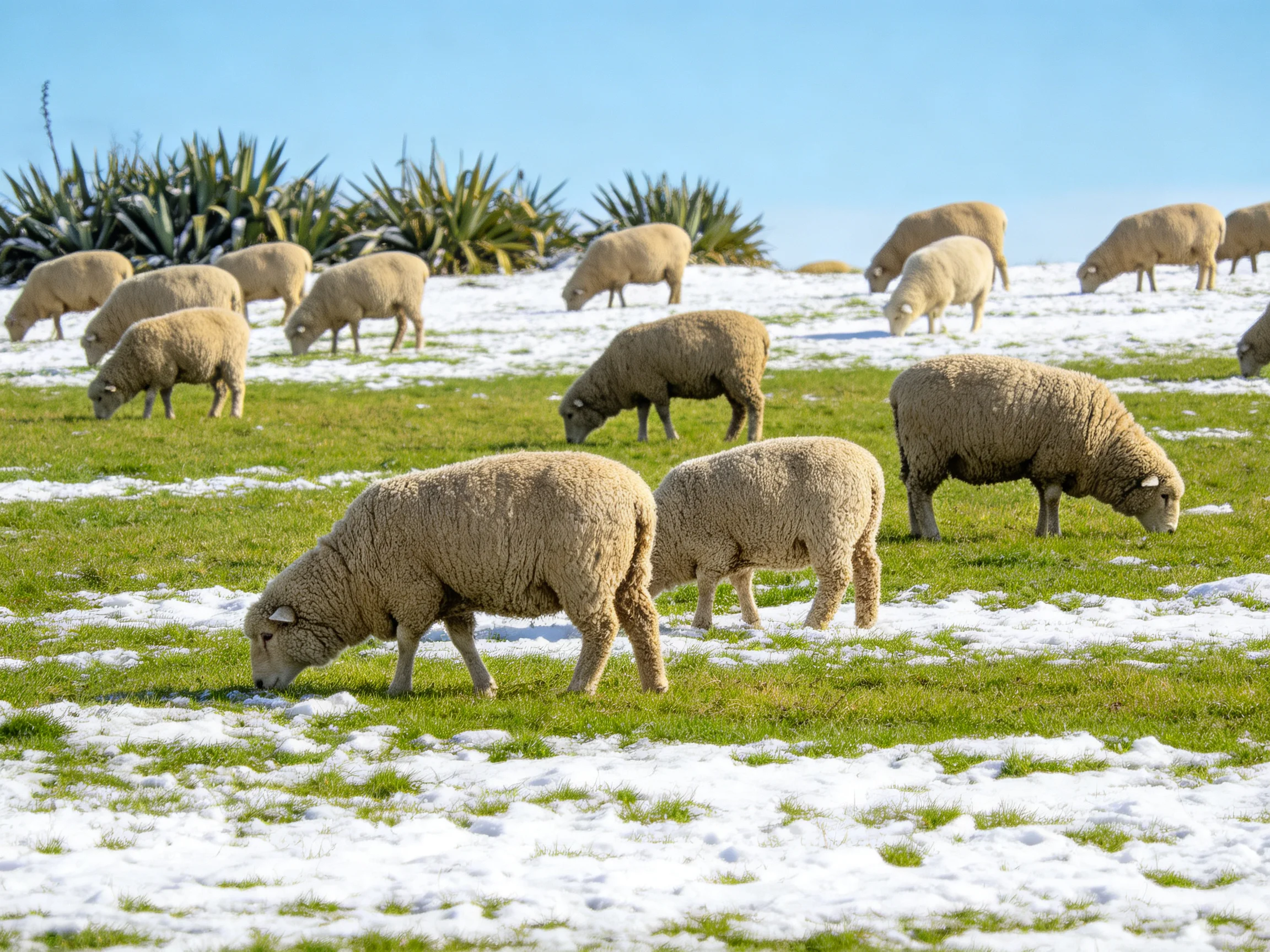 Sheep graze in a partially snow-covered green pasture under bright blue sky