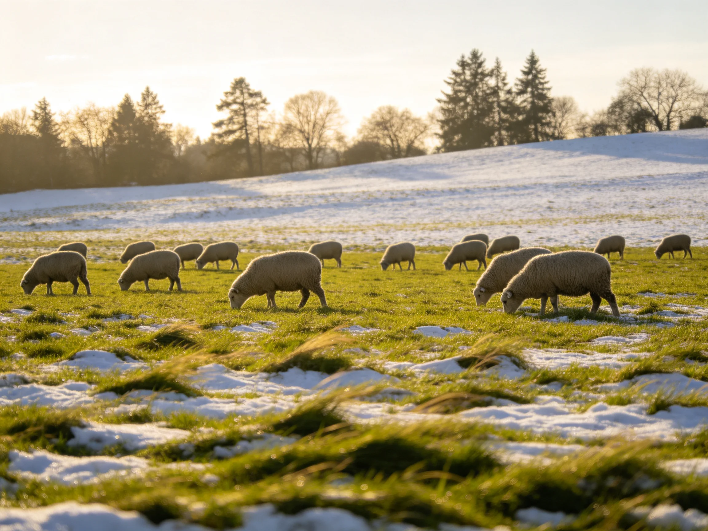 Sheep graze in a snow-dusted pasture under golden sunlight