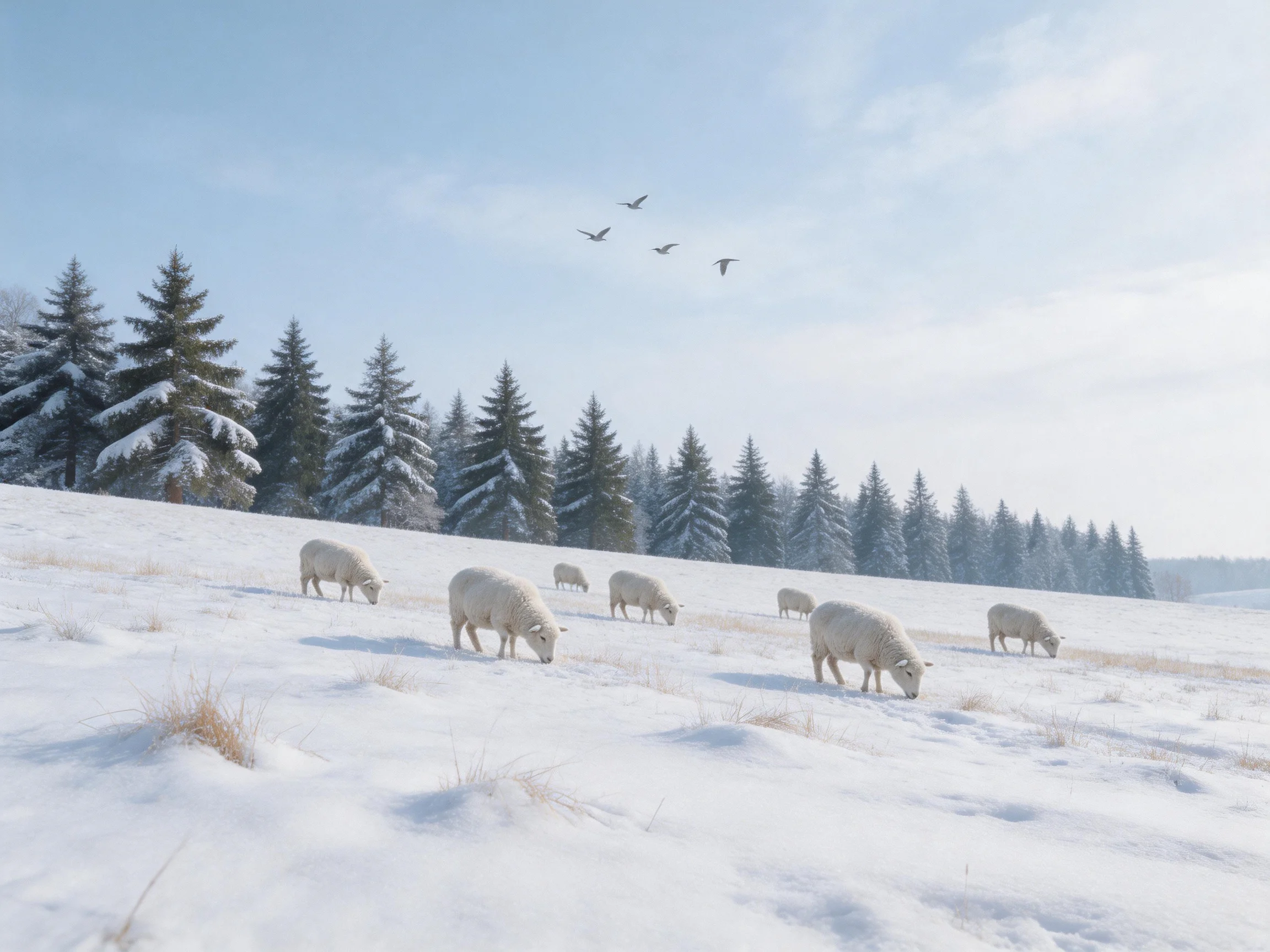 Sheep graze in a snowy field near snow-covered evergreen trees with birds flying