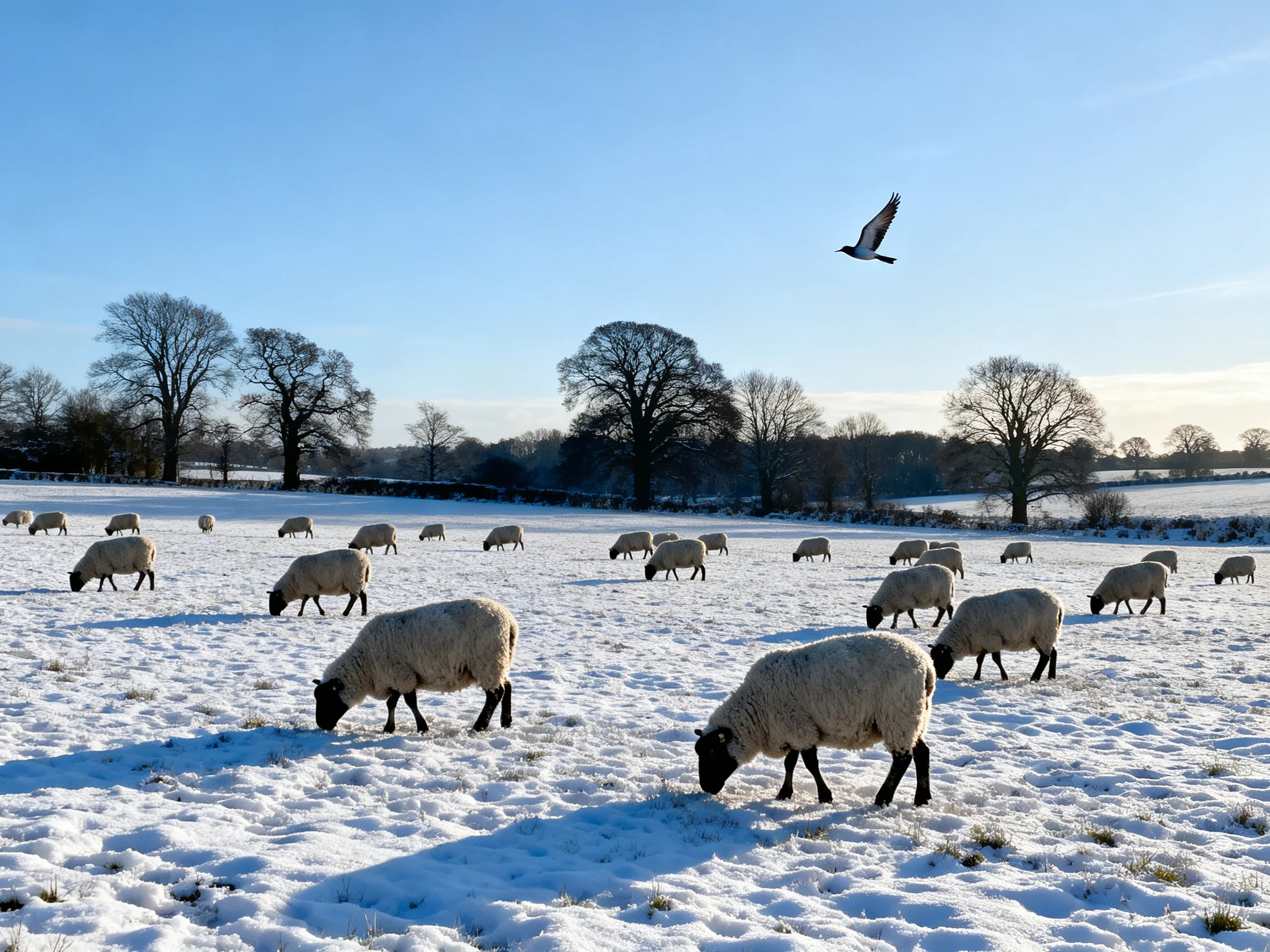 Sheep graze in a snowy field with bare trees and a flying bird