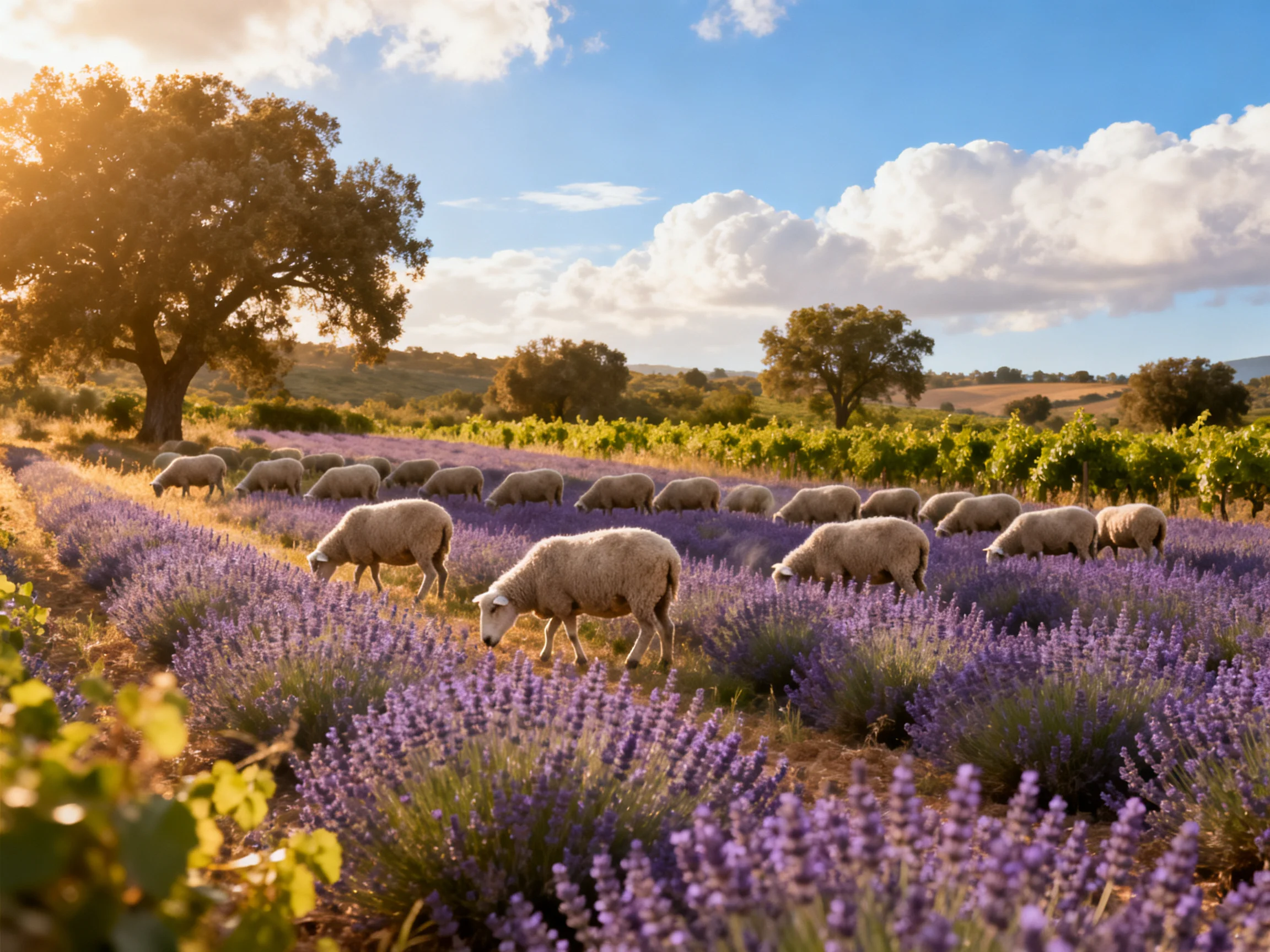 Sheep graze in a sprawling lavender field with trees and vineyards