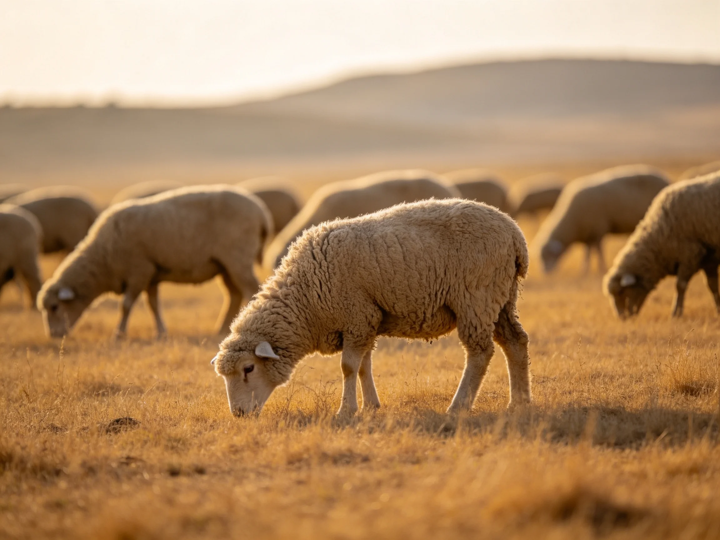 Sheep graze in a sun-drenched golden field near rolling hills