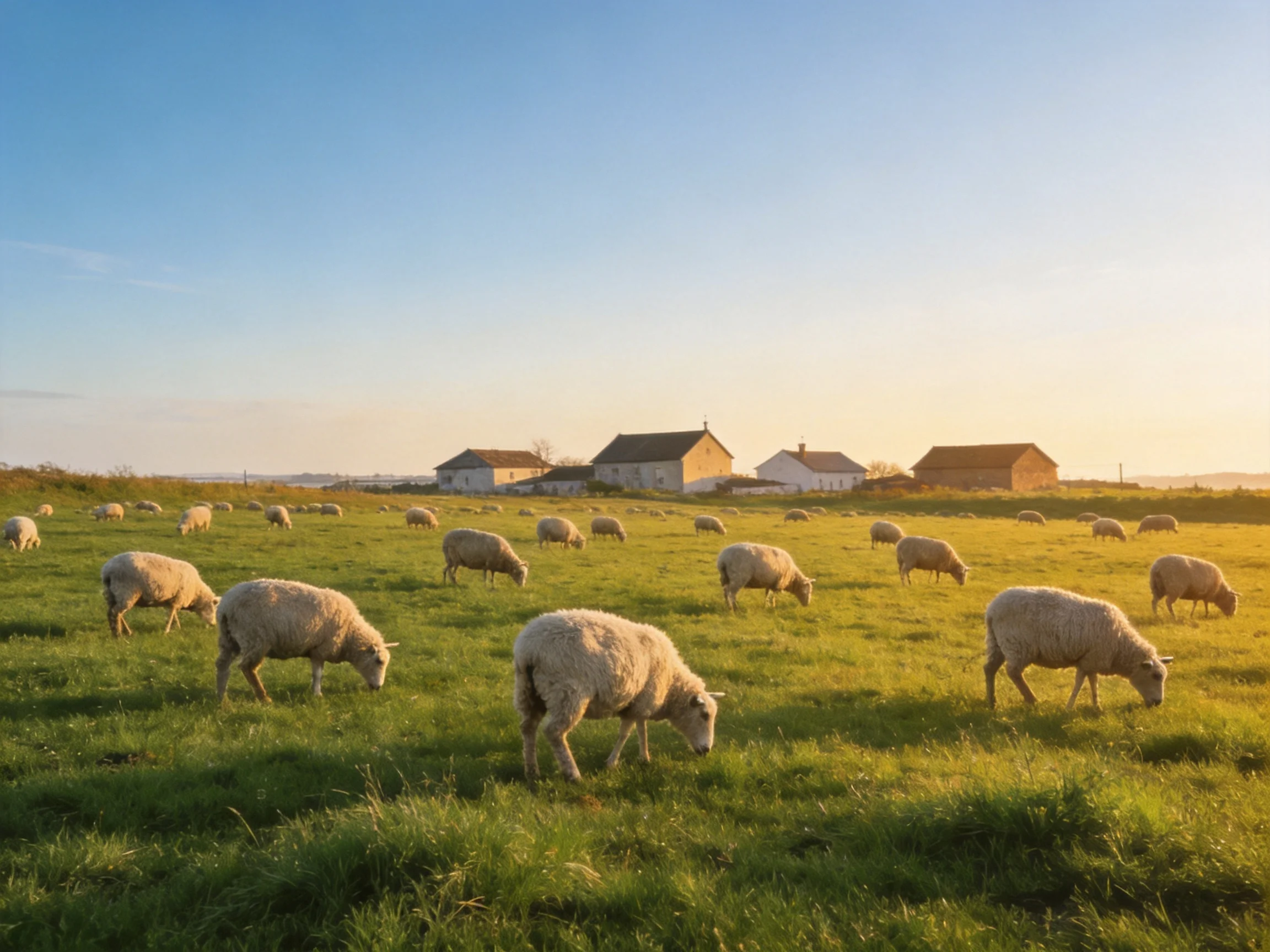 Sheep graze in a sun-drenched green meadow with farmhouses