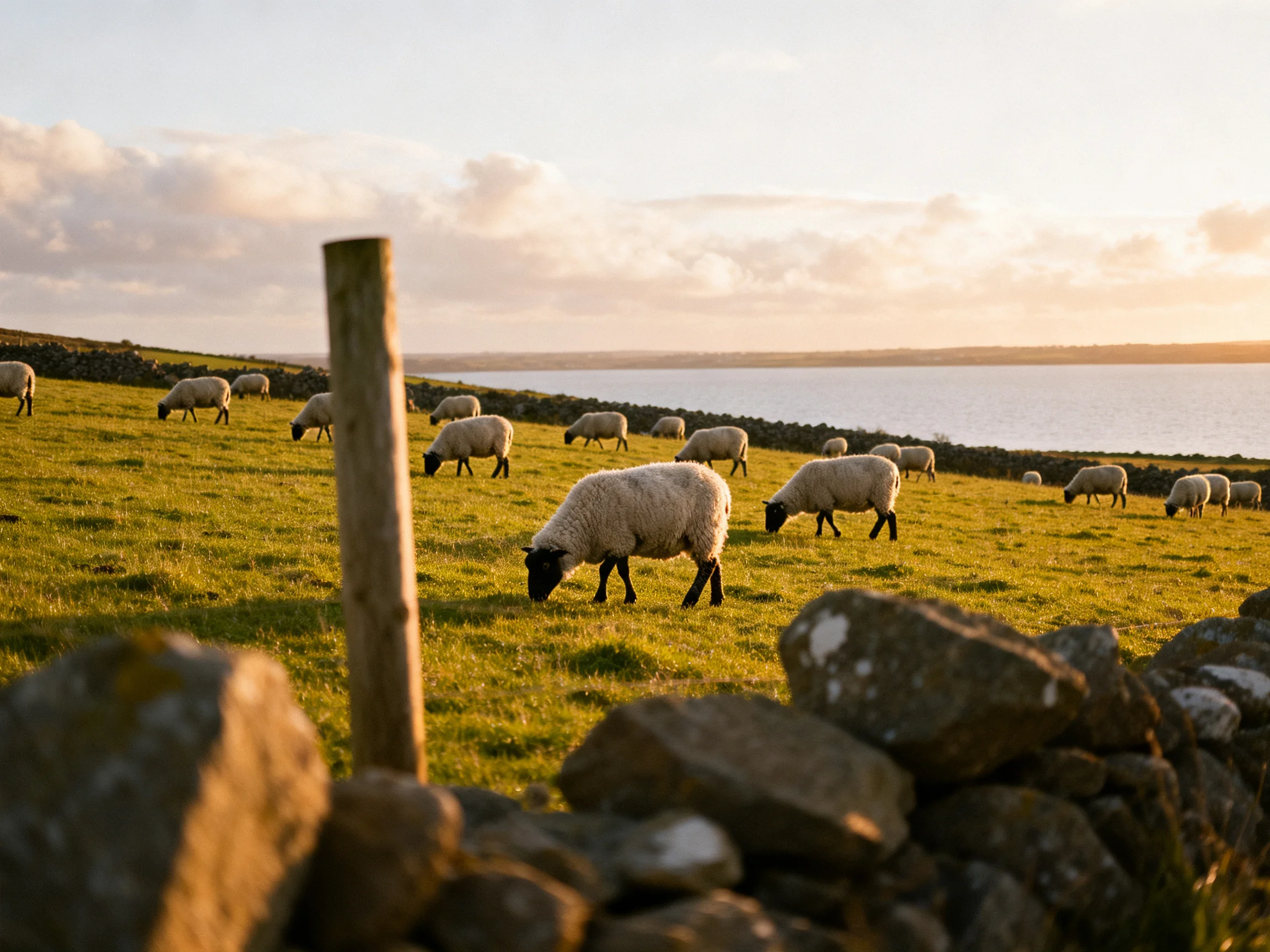 Sheep graze in a sunlit coastal pasture with stone fences