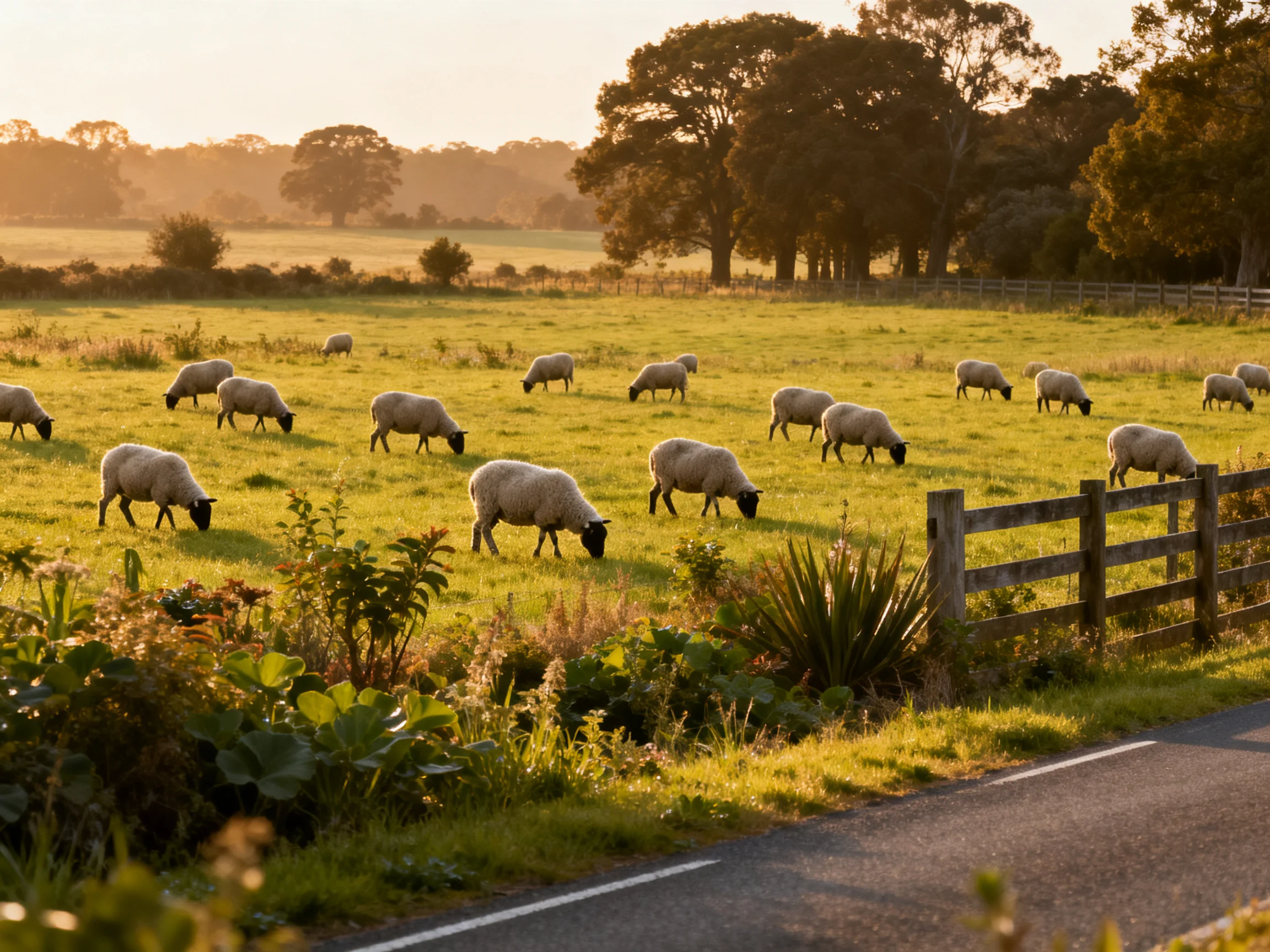Sheep graze in a sunlit countryside meadow