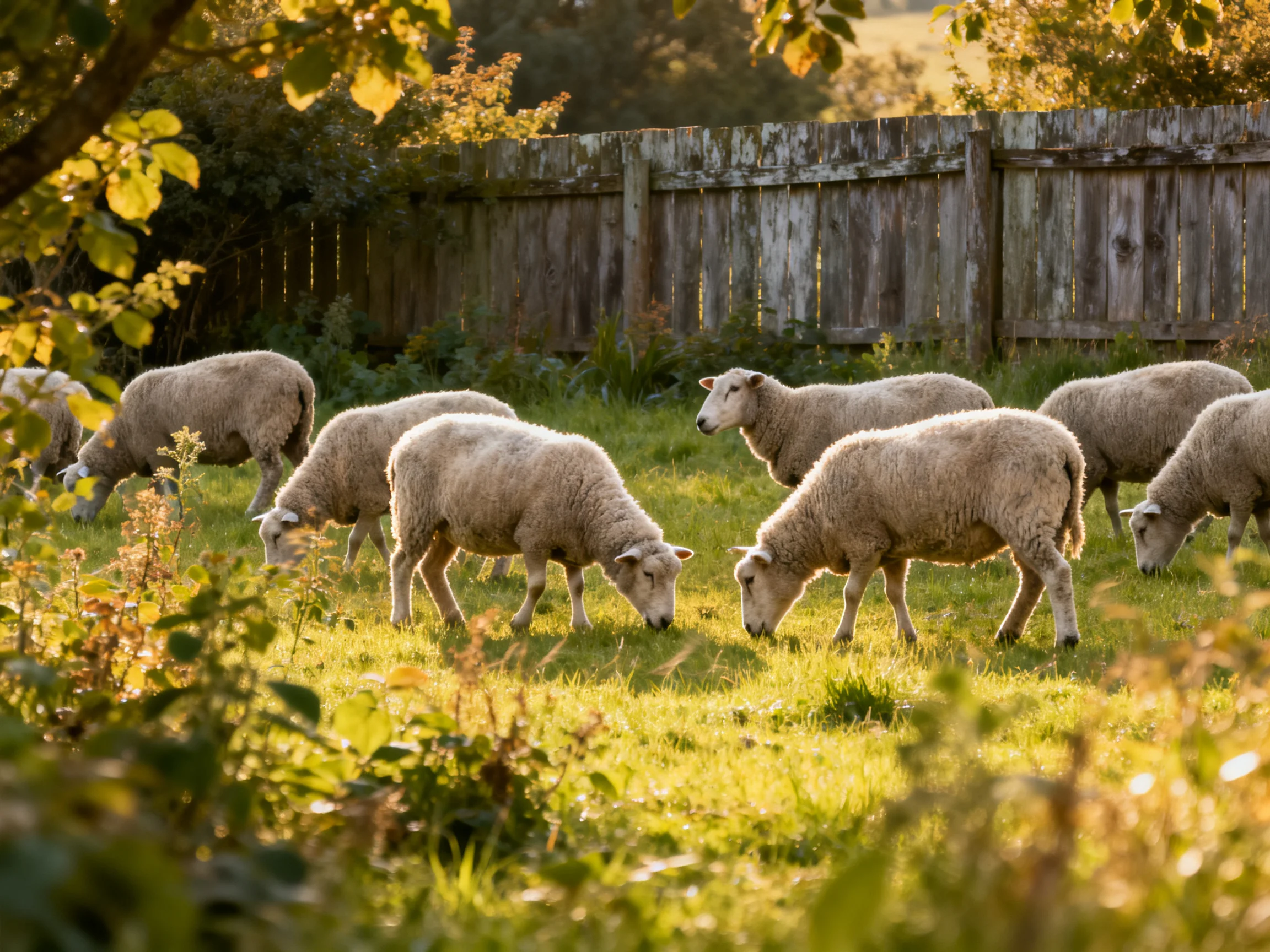 Sheep graze in a sunlit fenced pasture with golden foliage