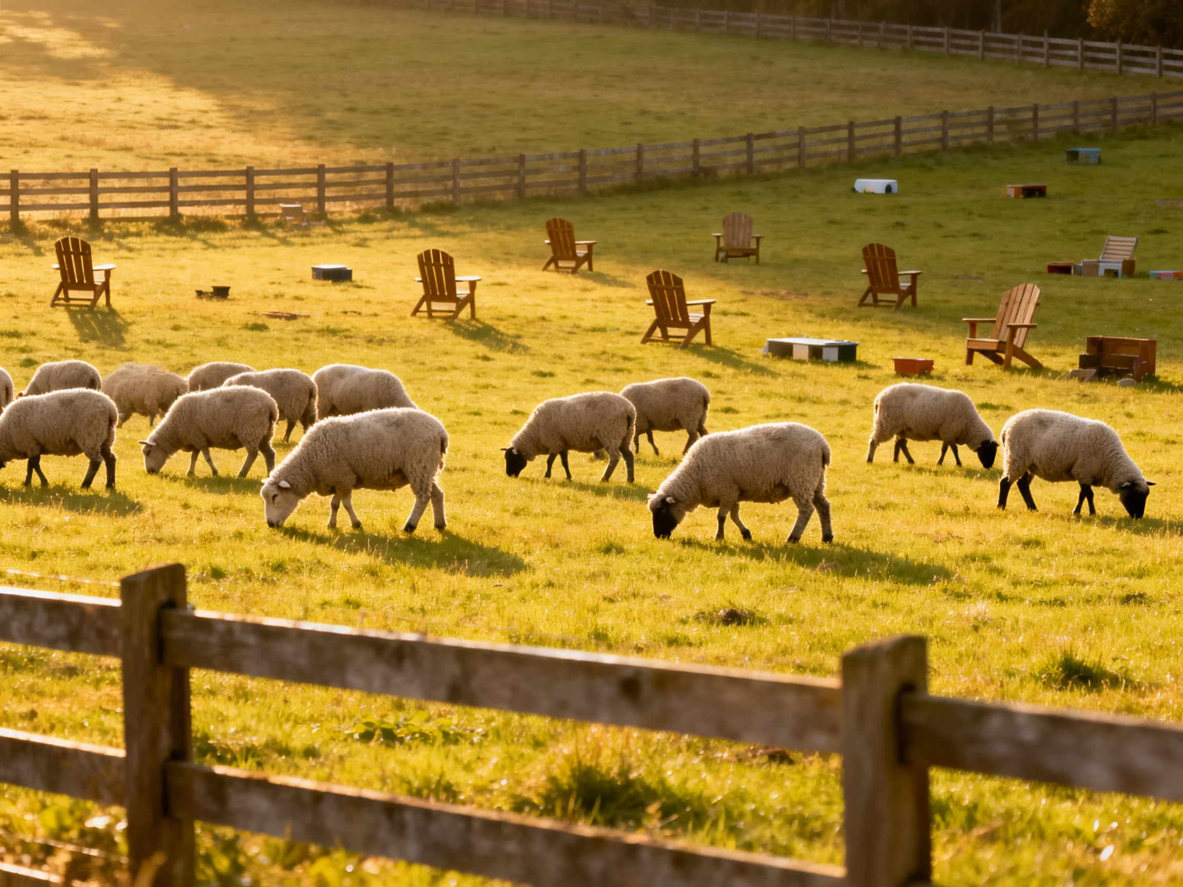 Sheep graze in a sunlit field with scattered wooden chairs