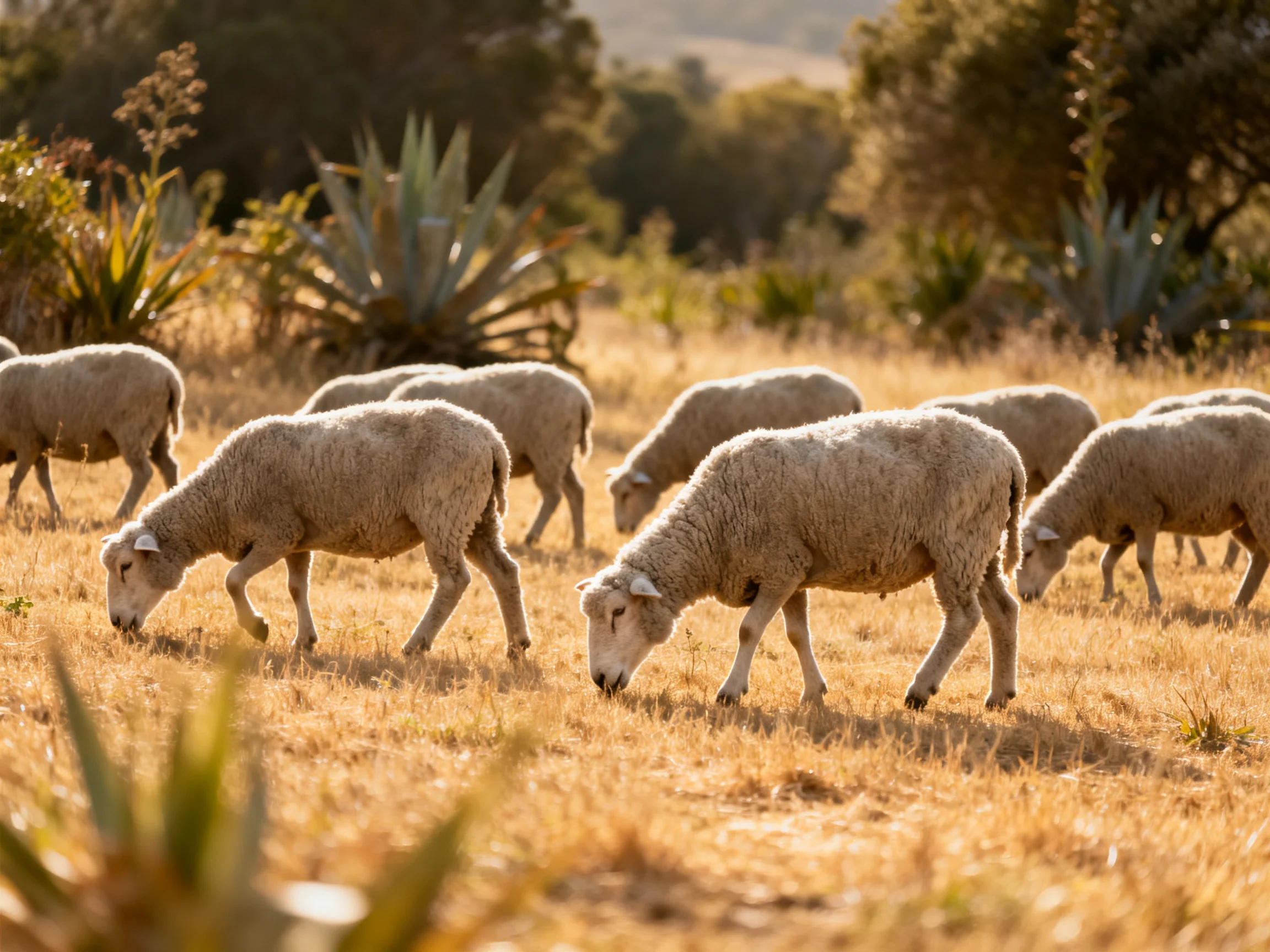 Sheep graze in a sunlit golden dry field with agave plants