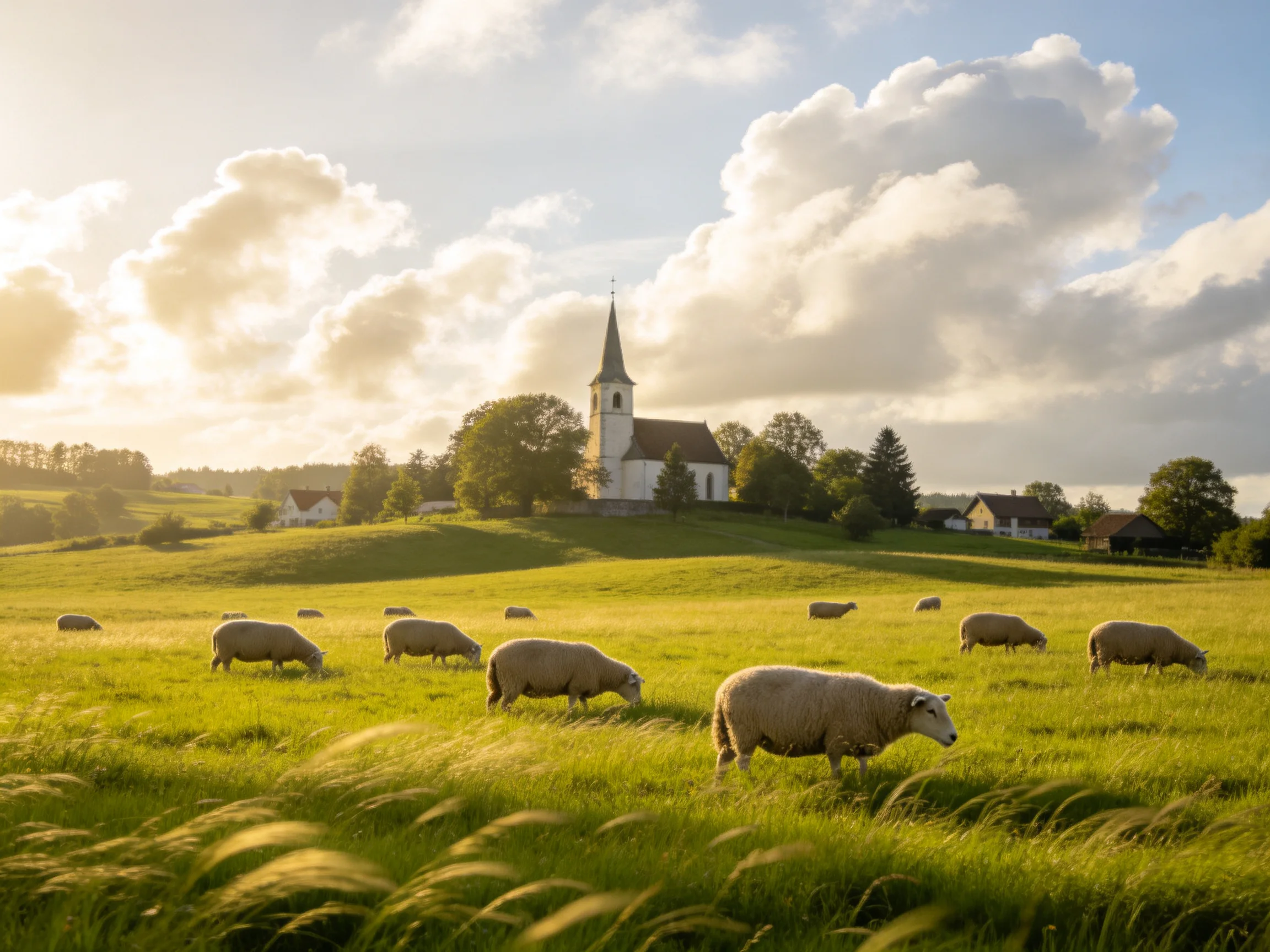 Sheep graze in a sunlit green meadow near a white church