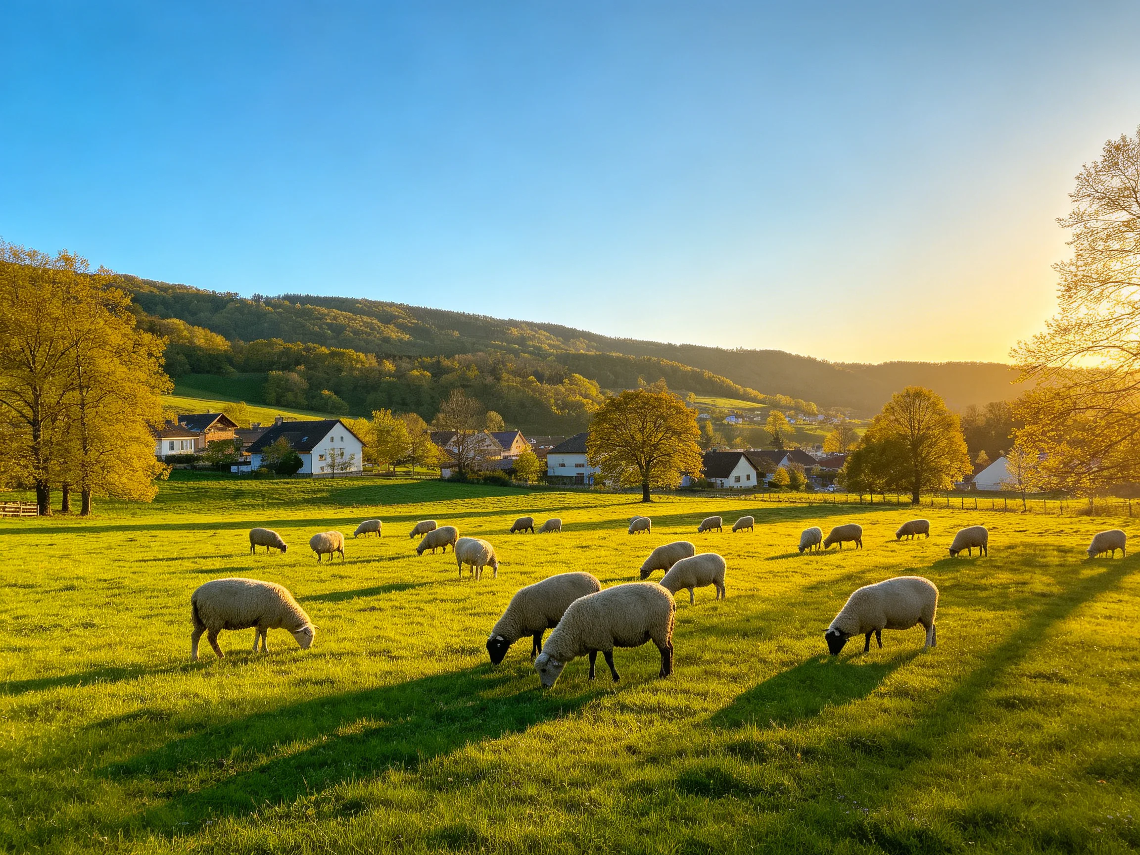 Sheep graze in a sunlit green meadow with white cottages and rolling hills