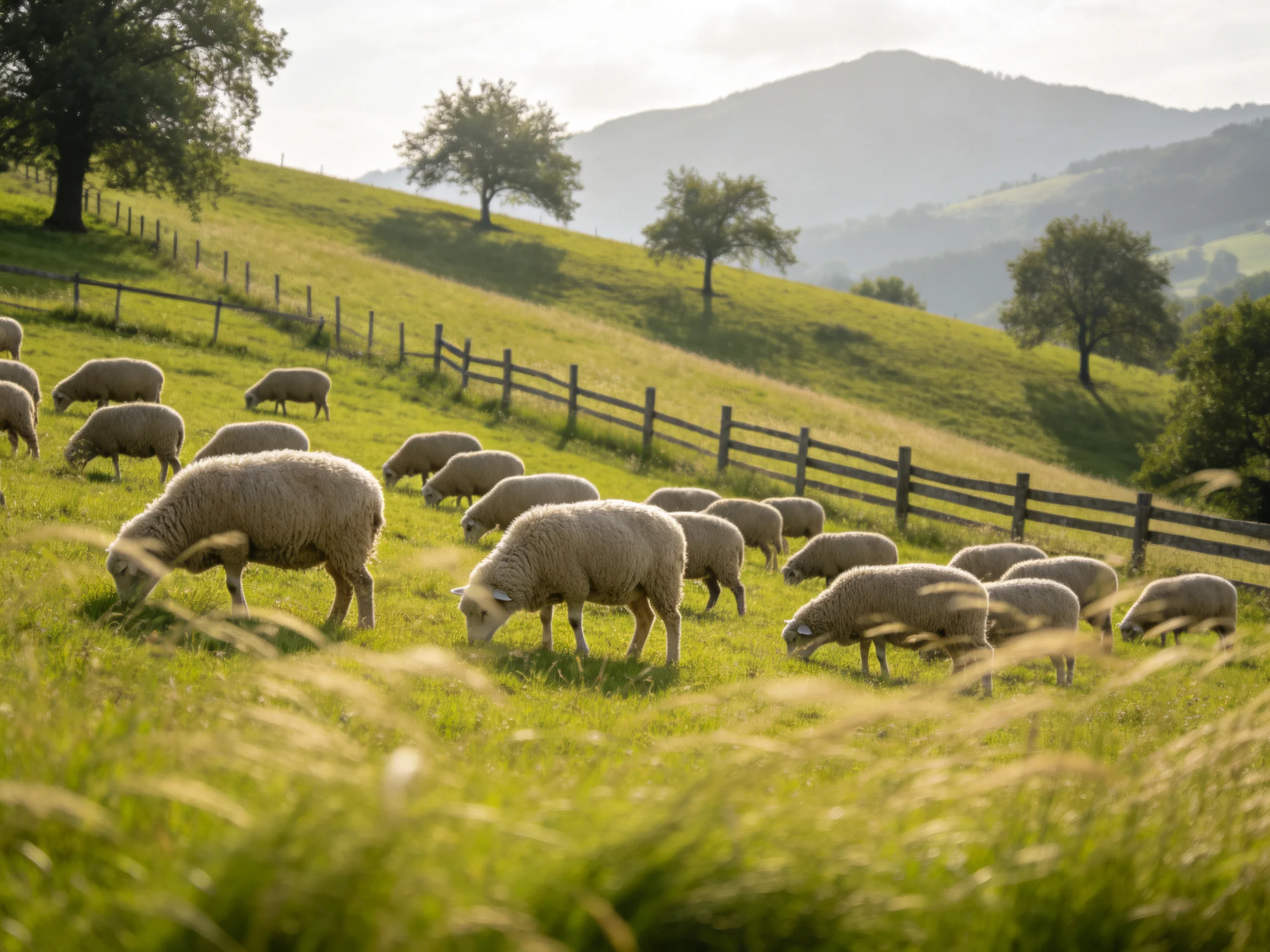 Sheep graze in a sunlit green pasture