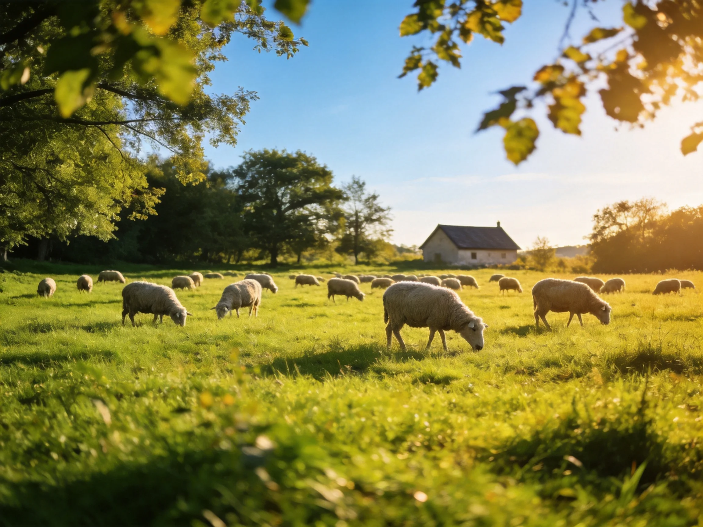 Sheep graze in a sunlit green pasture near a rural house