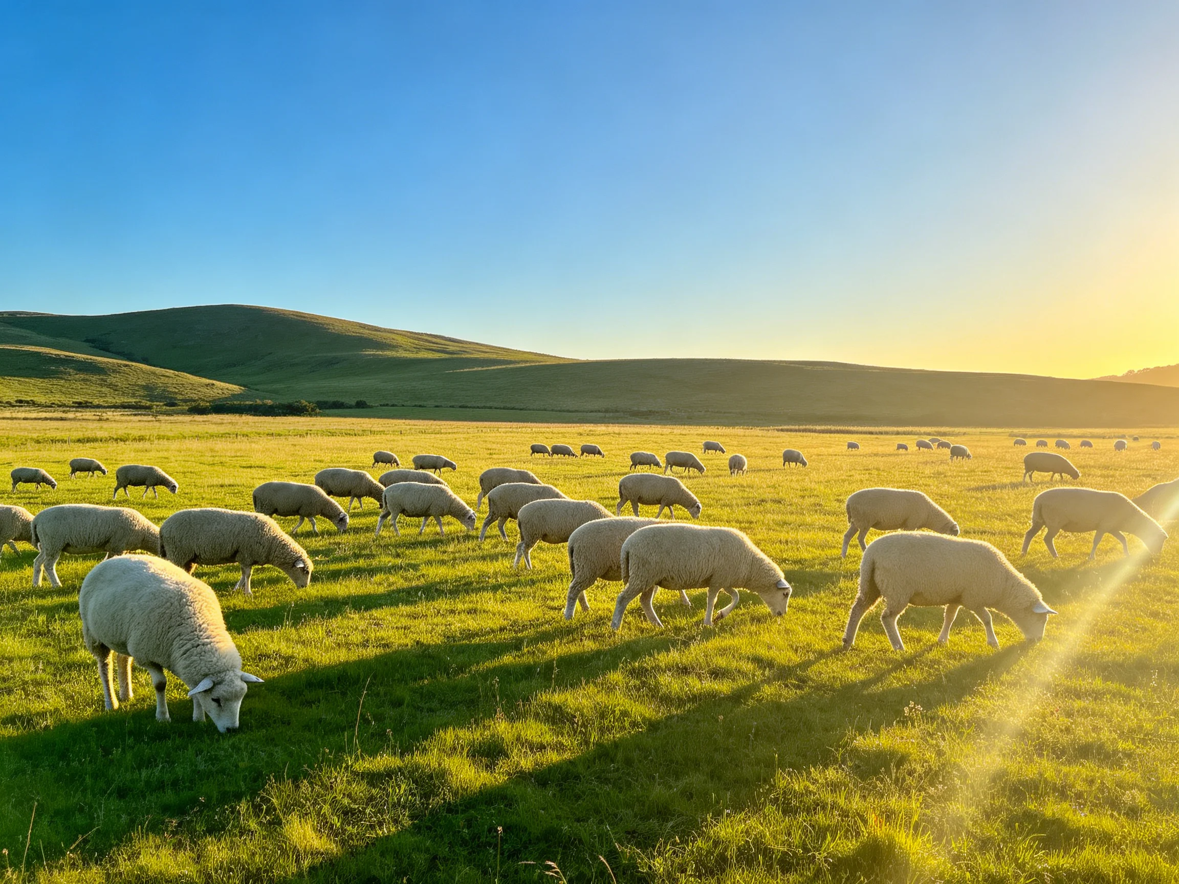 Sheep graze in a sunlit green pasture near rolling hills