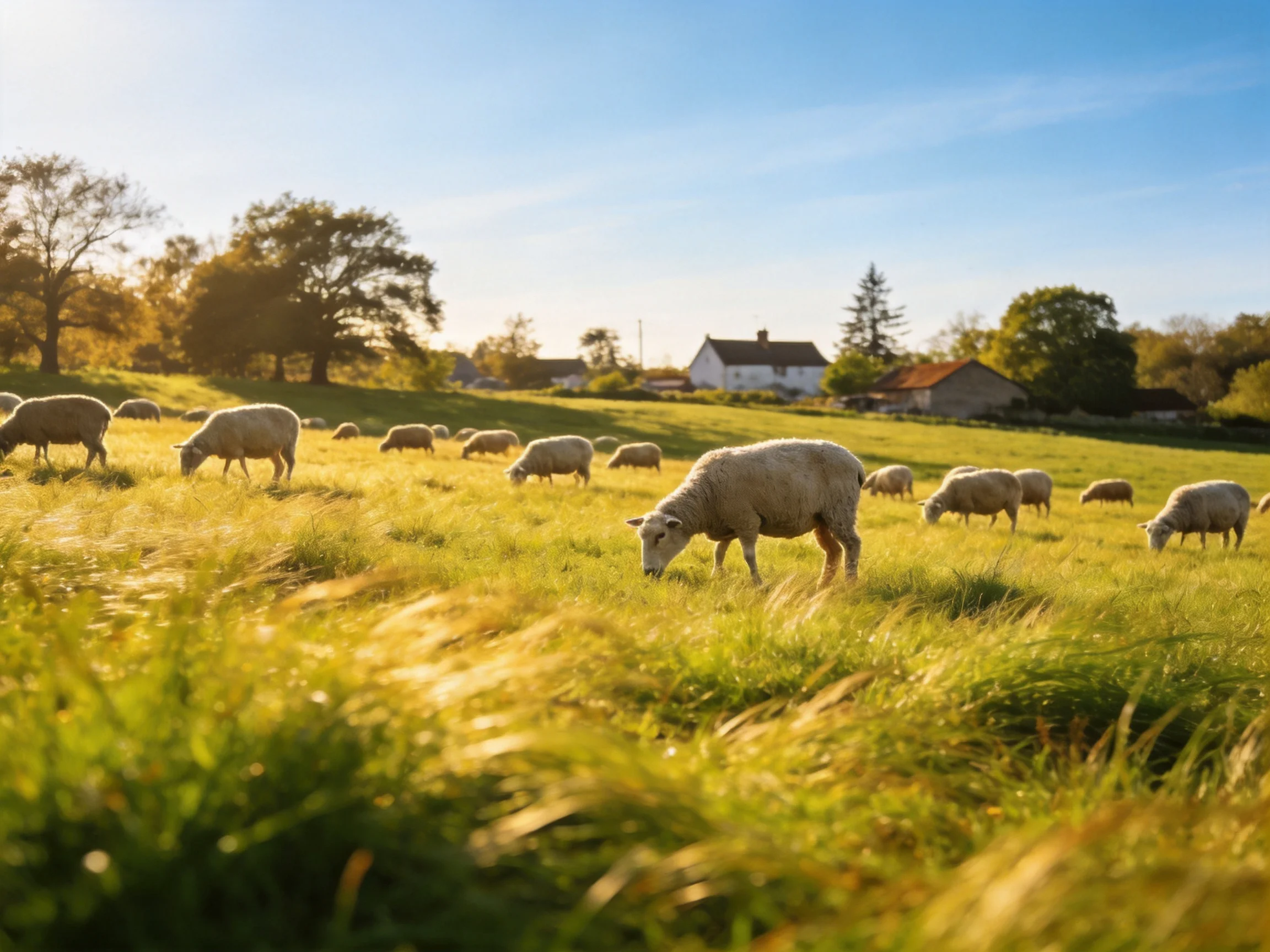 Sheep graze in a sunlit green pasture near rural homes