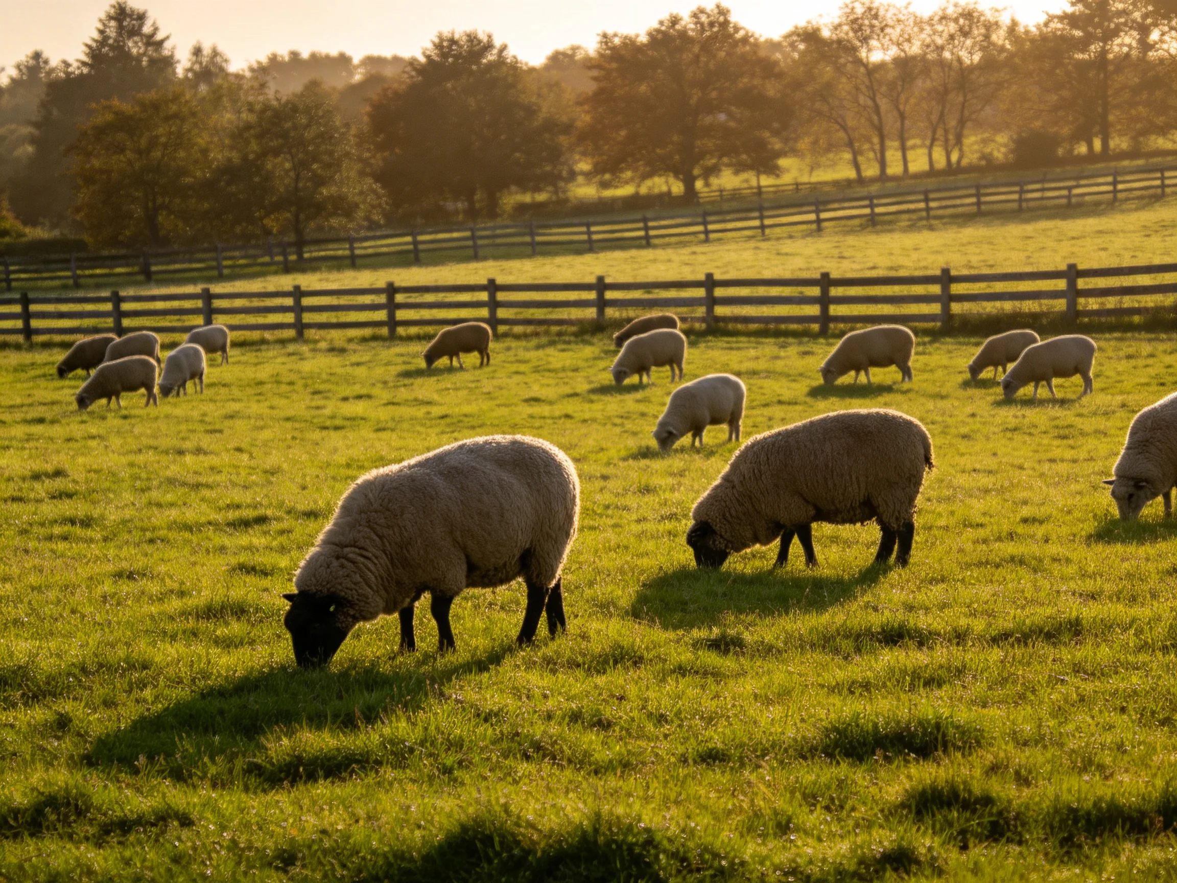 Sheep graze in a sunlit green pasture near wooden fences