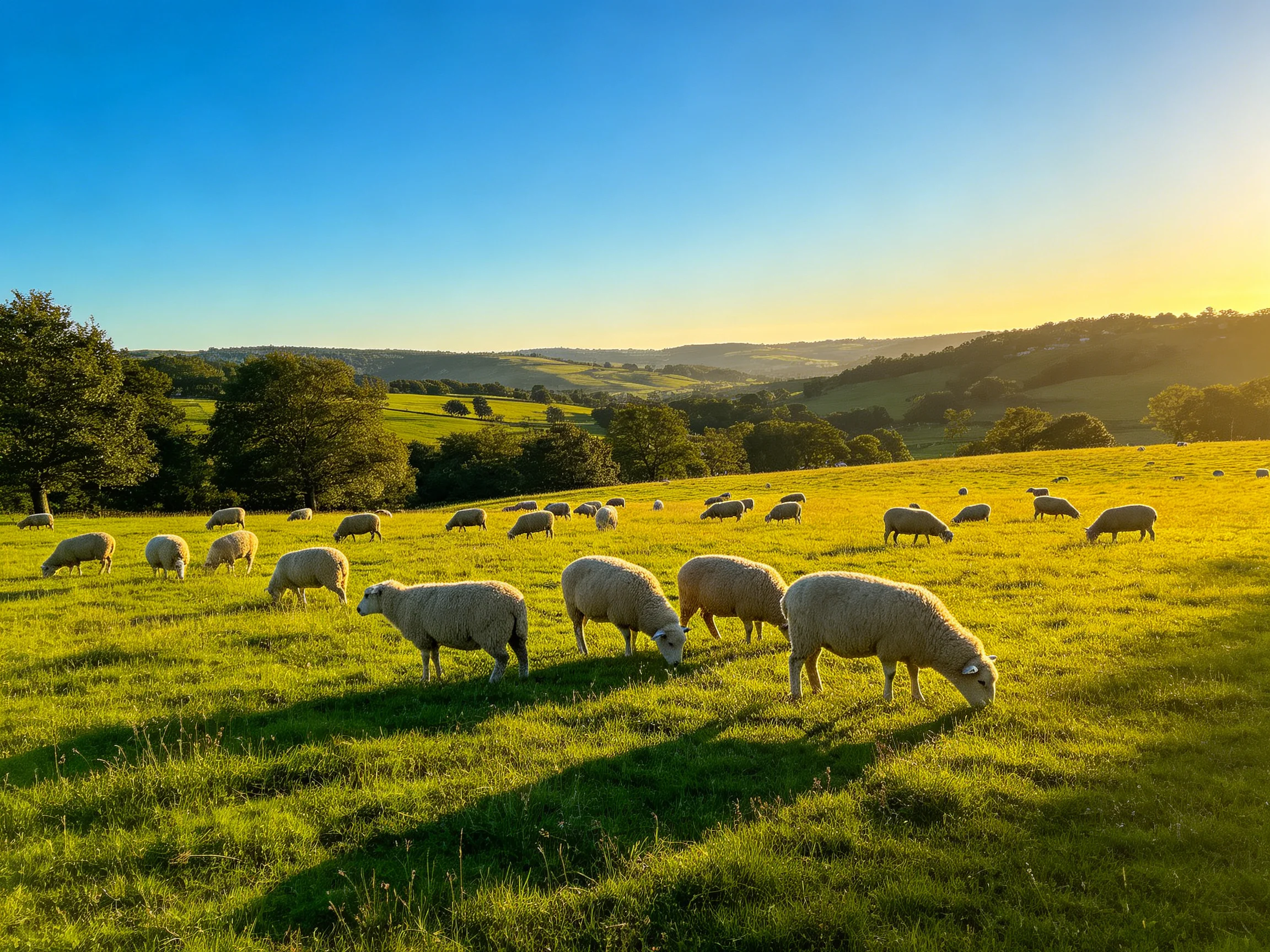 Sheep graze in a sunlit green pasture with rolling hills