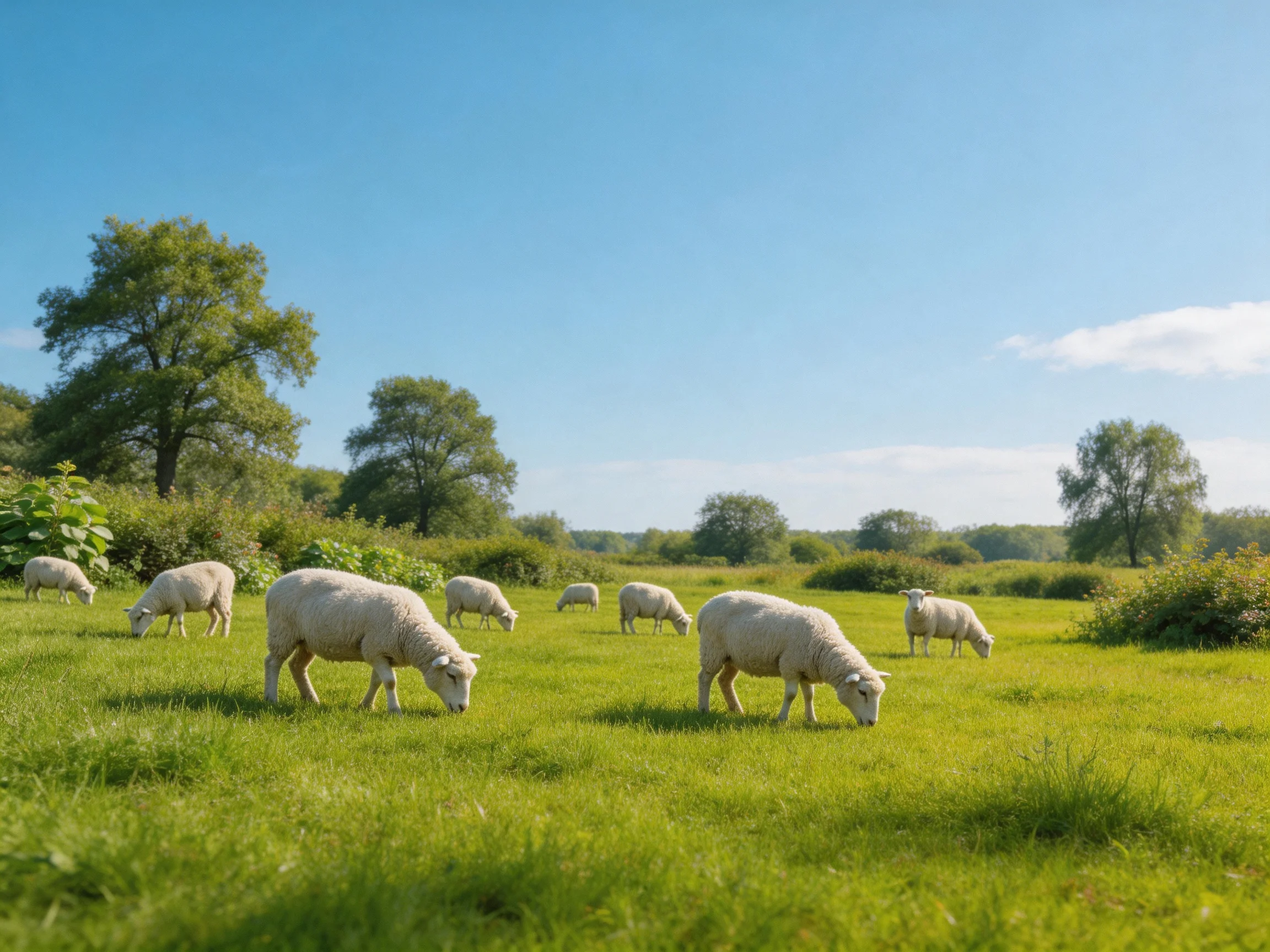 Sheep graze in a sunlit green pasture with scattered trees