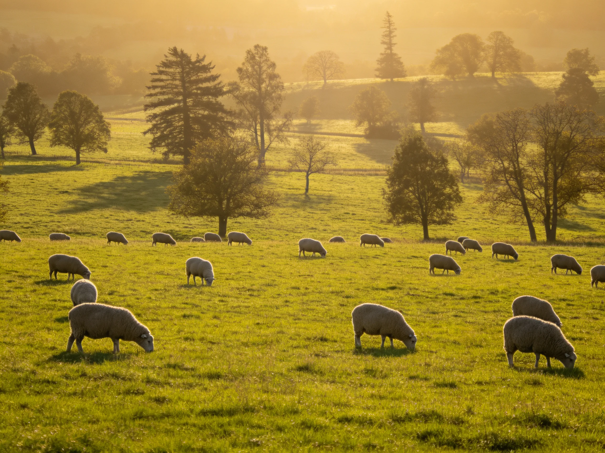 Sheep graze in a sunlit green pasture with scattered trees