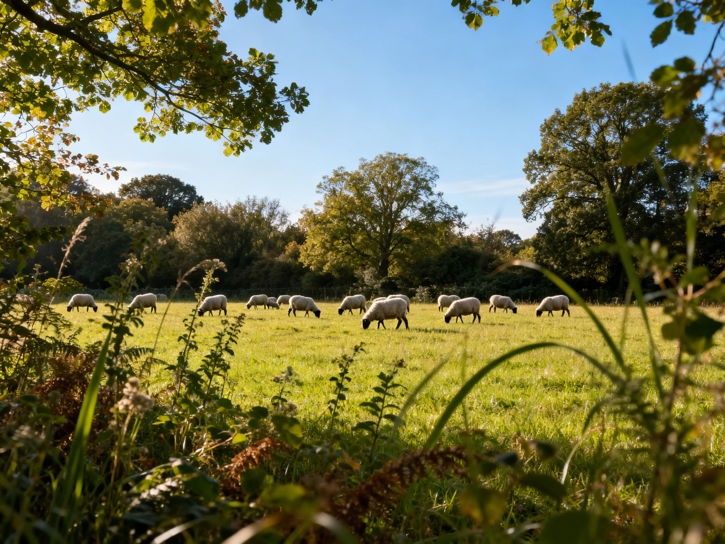 Sheep graze in a sunlit green pasture with tall trees
