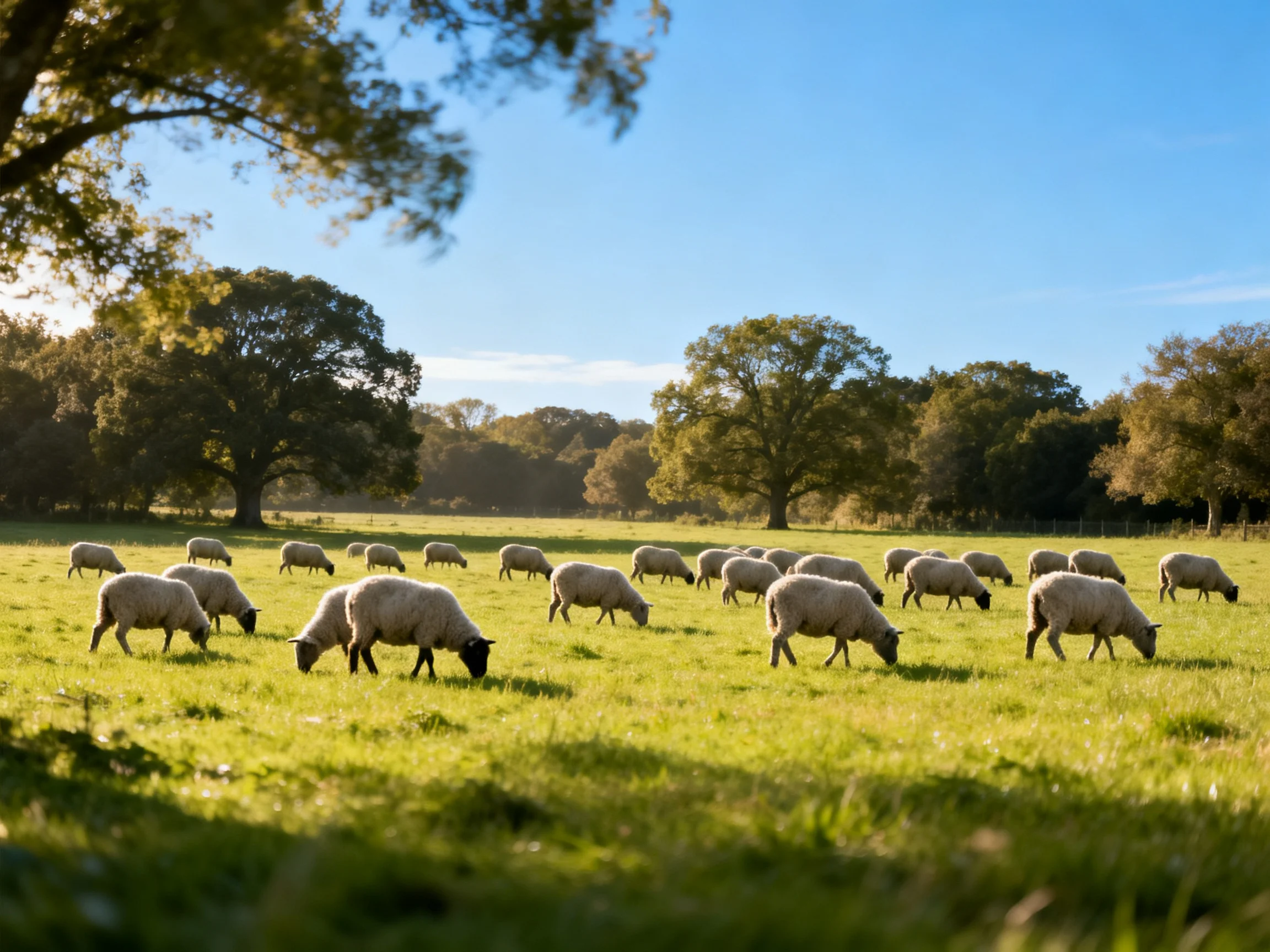 Sheep graze in a sunlit meadow surrounded by large trees