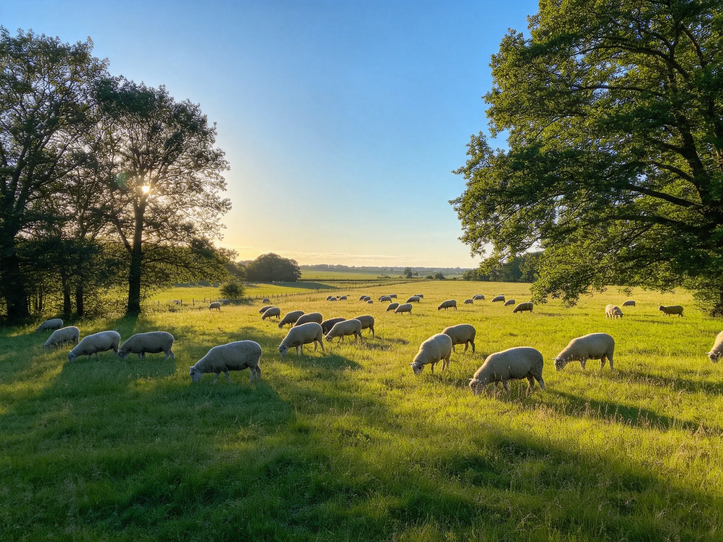 Sheep graze in a sunlit meadow surrounded by tall trees