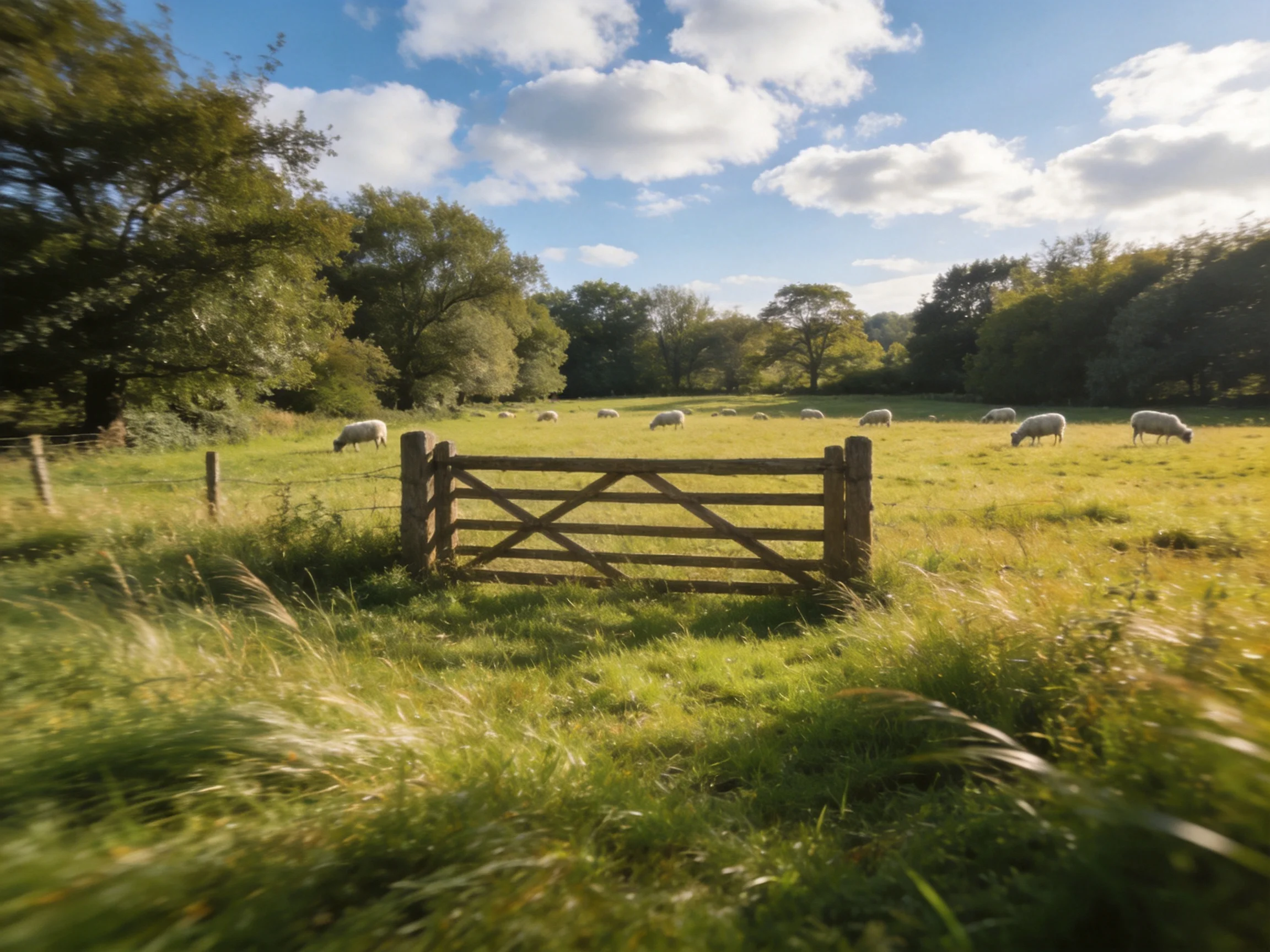 Sheep graze in a sunlit meadow with a wooden gate