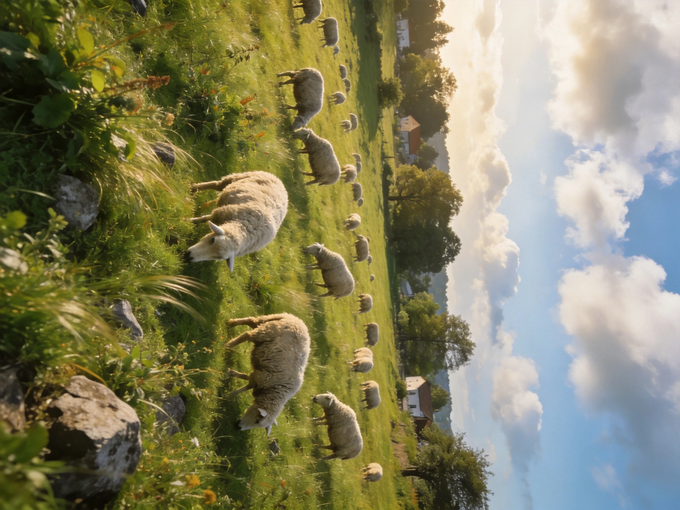 Sheep graze in a sunlit meadow with rocks and distant homes