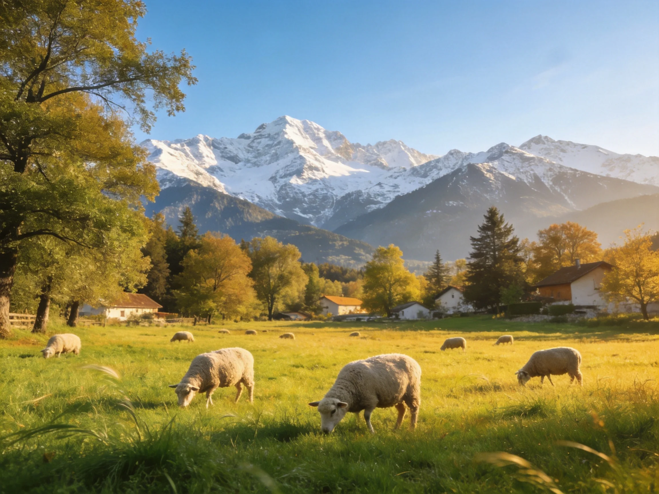 Sheep graze in a sunlit meadow with snow-capped mountains
