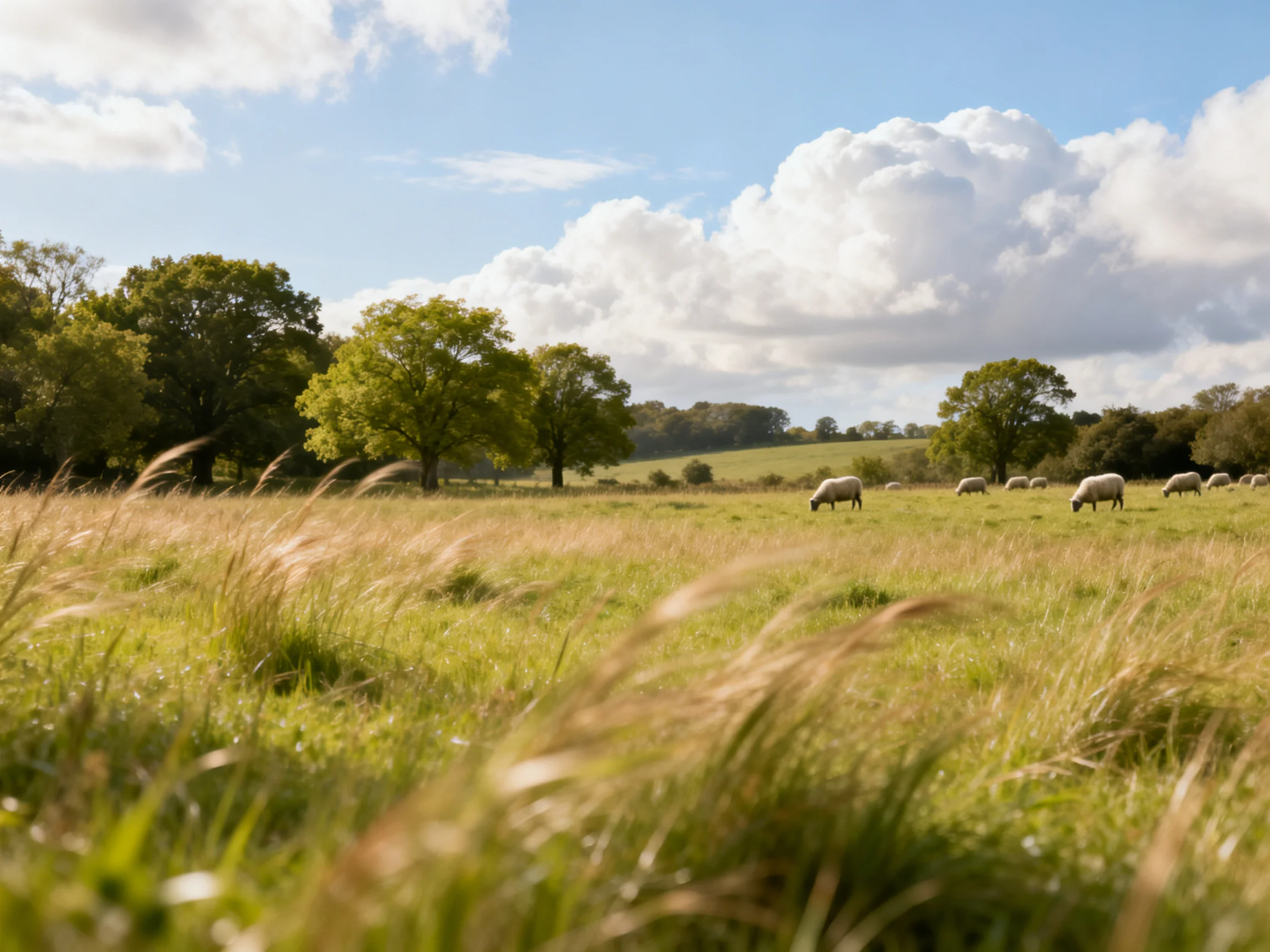 Sheep graze in a sunlit meadow with tall grass and scattered trees