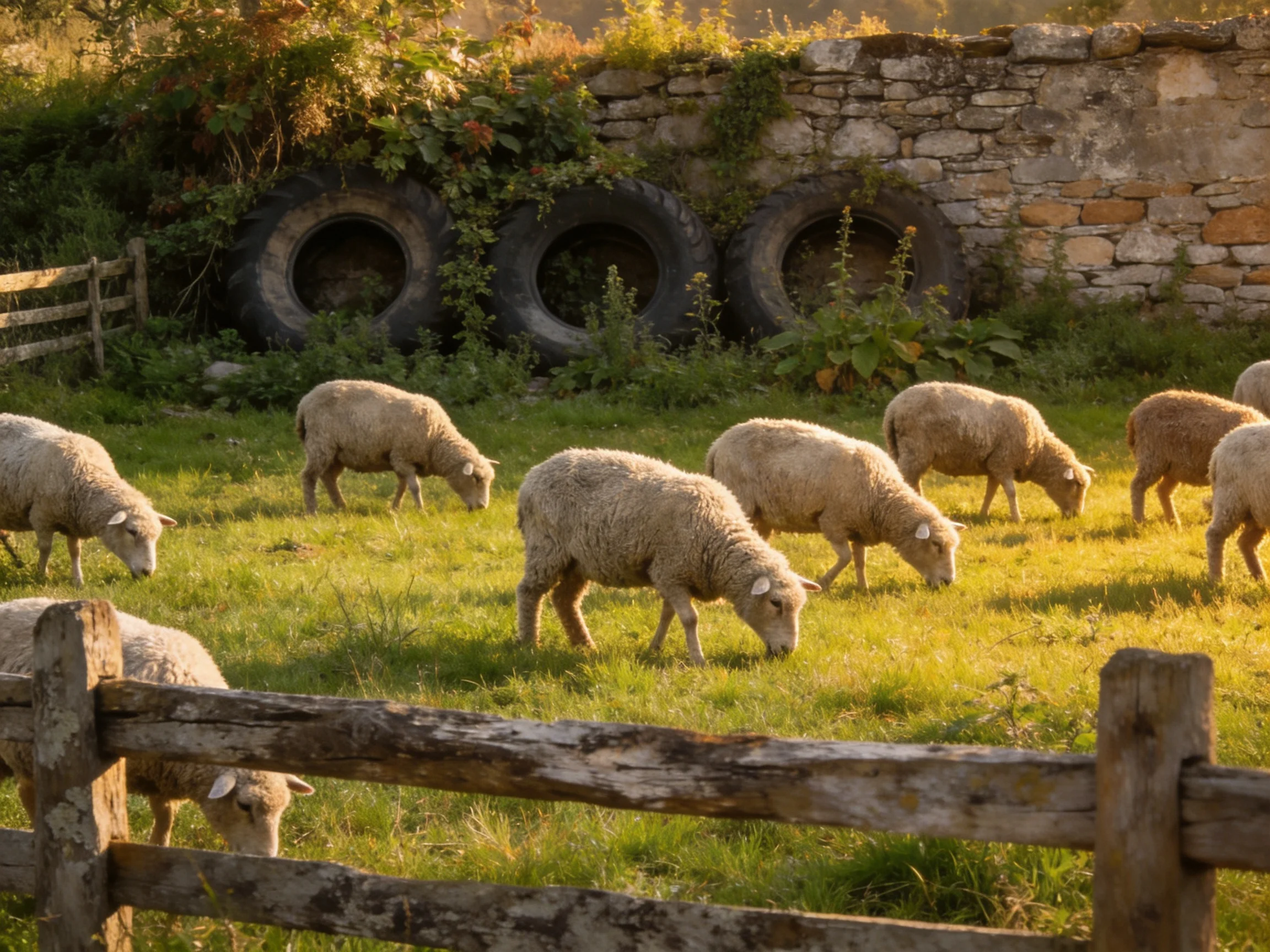 Sheep graze in a sunlit pasture by an old stone wall with tires.
