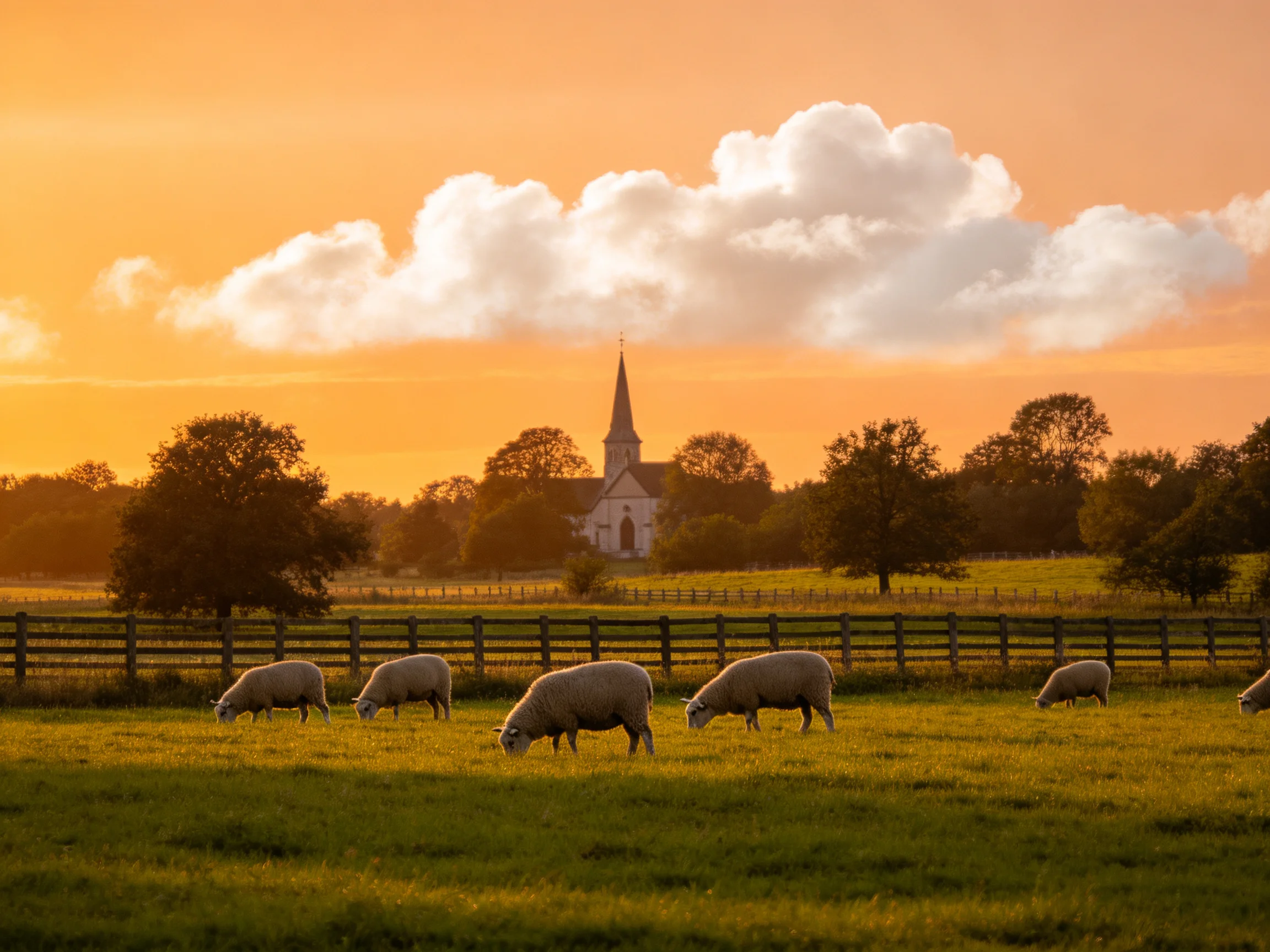 Sheep graze in a sunlit pasture near a church with orange skies
