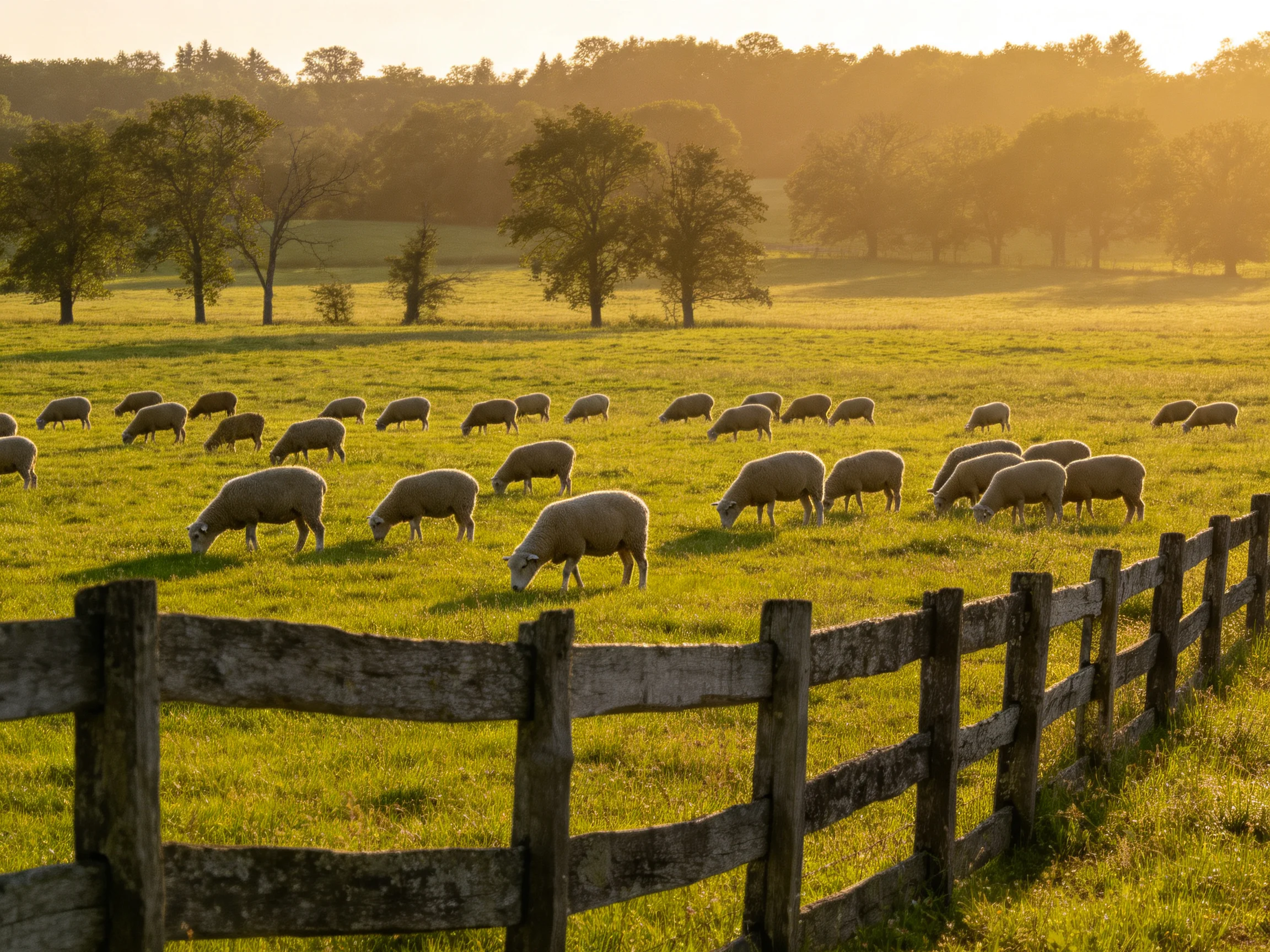 Sheep graze in a sunlit pasture with a wooden fence