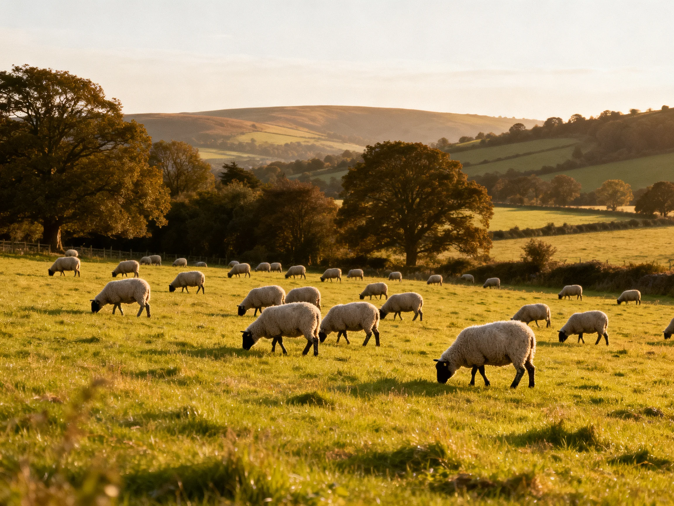 Sheep graze in a sunlit rolling countryside landscape