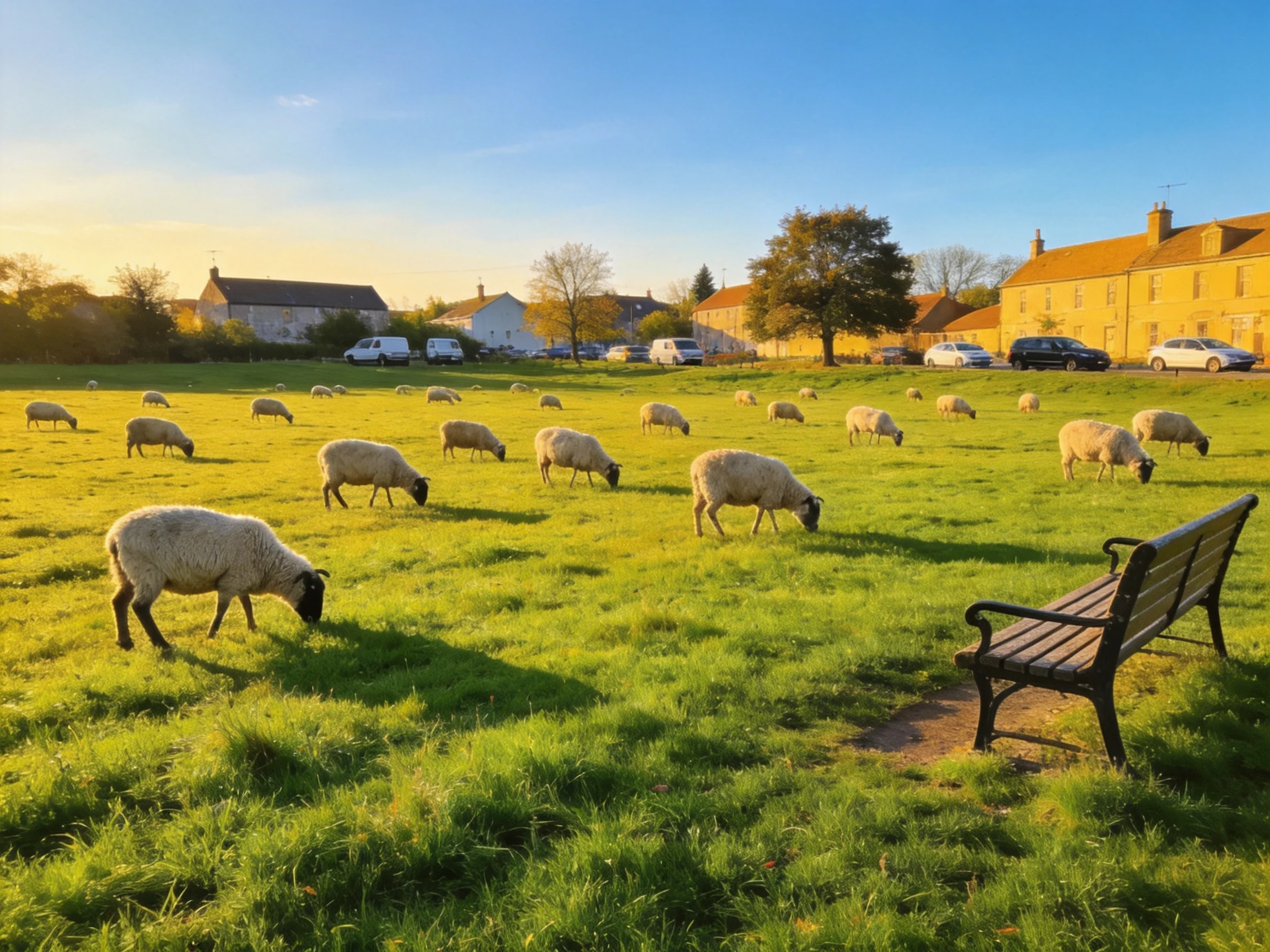 Sheep graze in a sunlit village field near yellow houses