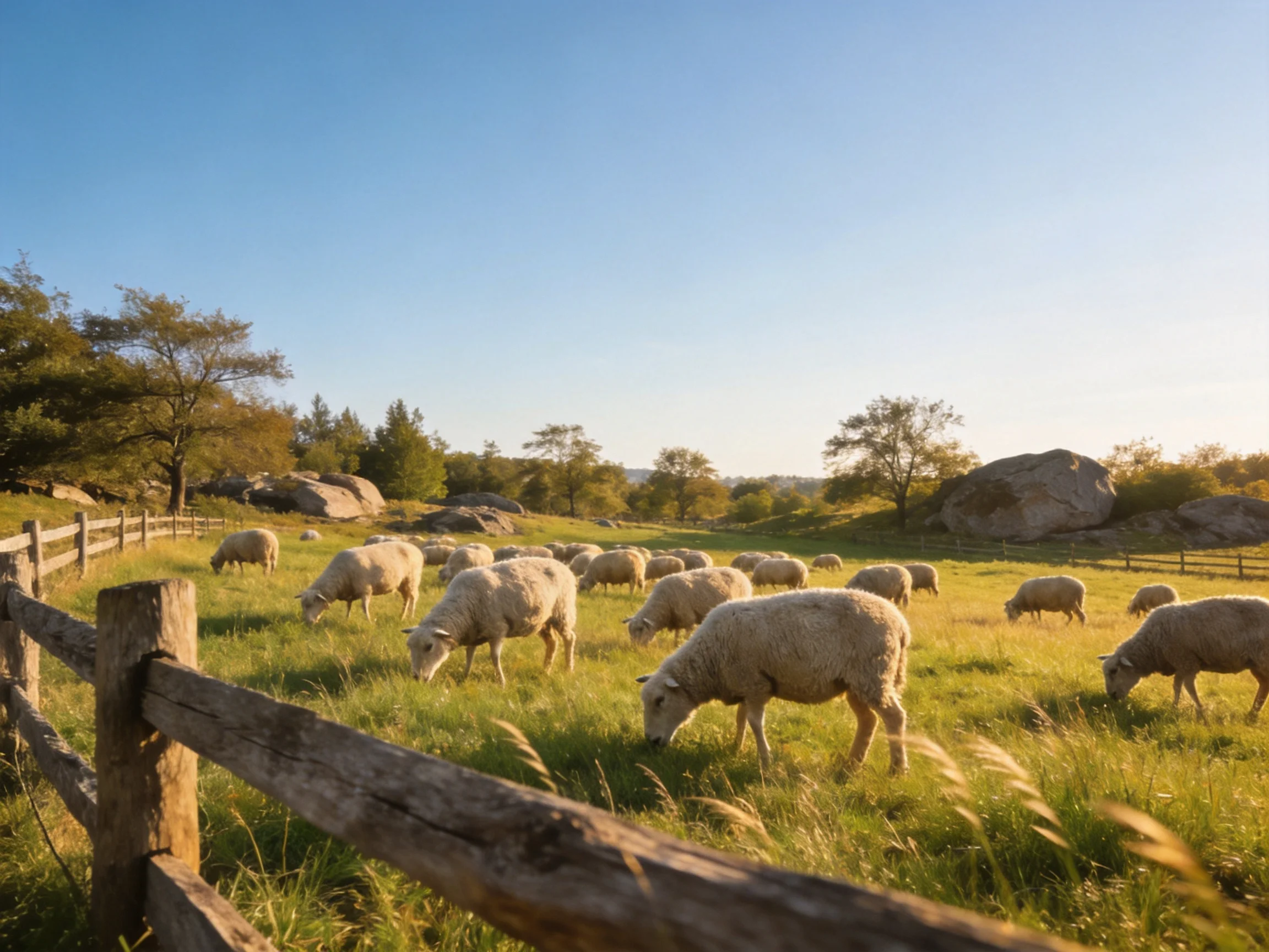 Sheep graze in a sunny fenced meadow with large rocks and trees